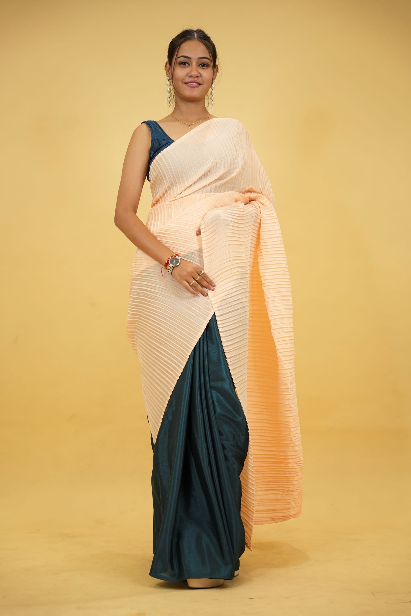 Peach Crinkle Chinon with Teal Satin Base Ready To Wear Saree