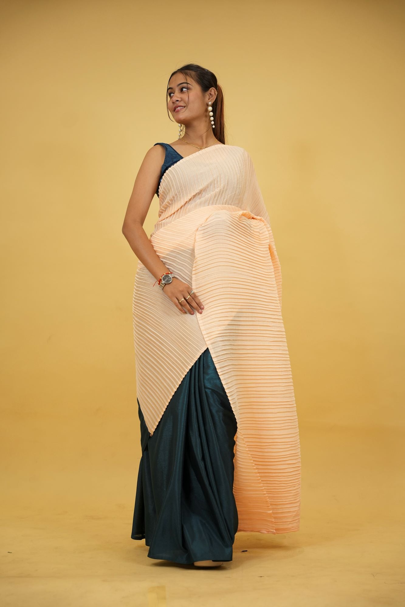 Peach Crinkle Chinon with Teal Satin Base Ready To Wear Saree