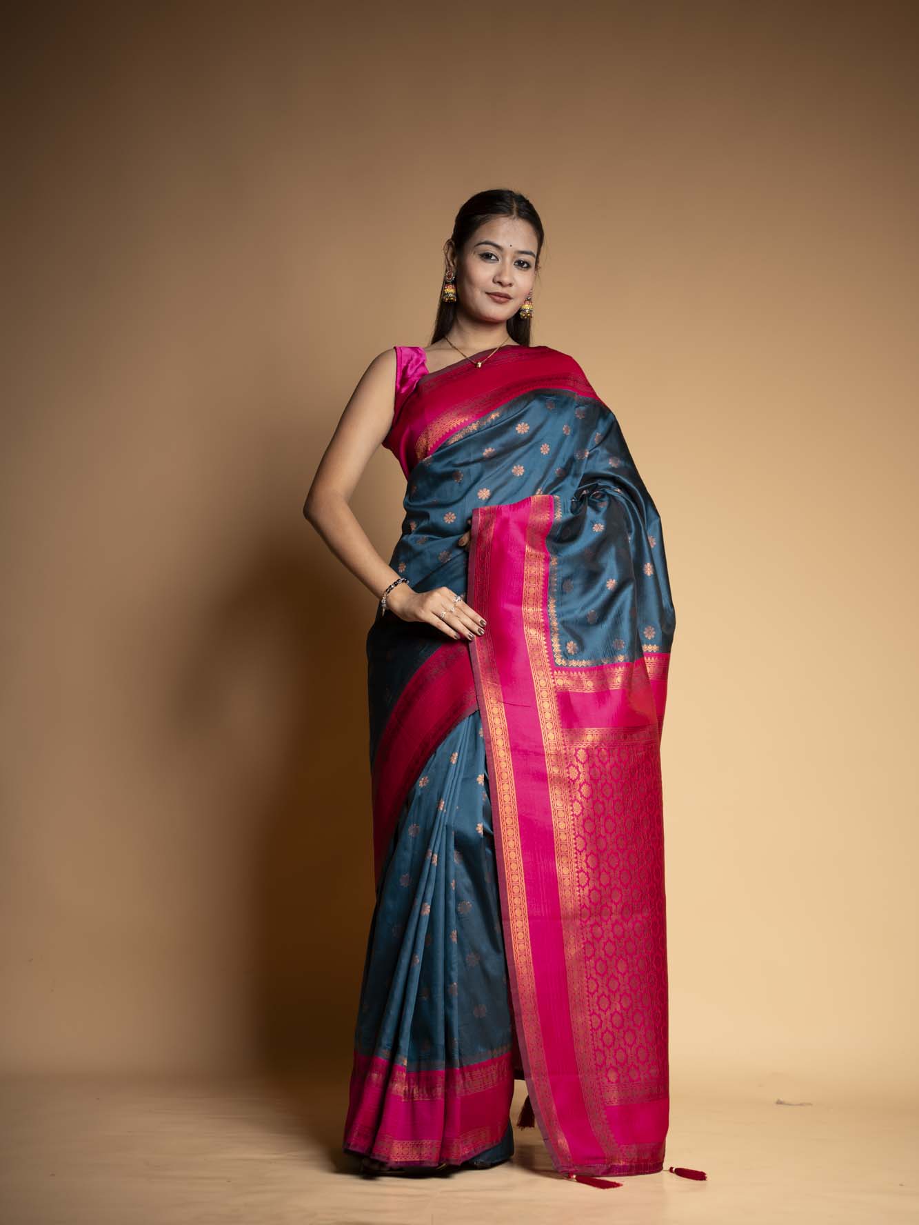 Royal Blue Design with all over buti Heavy Golden Embroidery Ready To Wear Saree