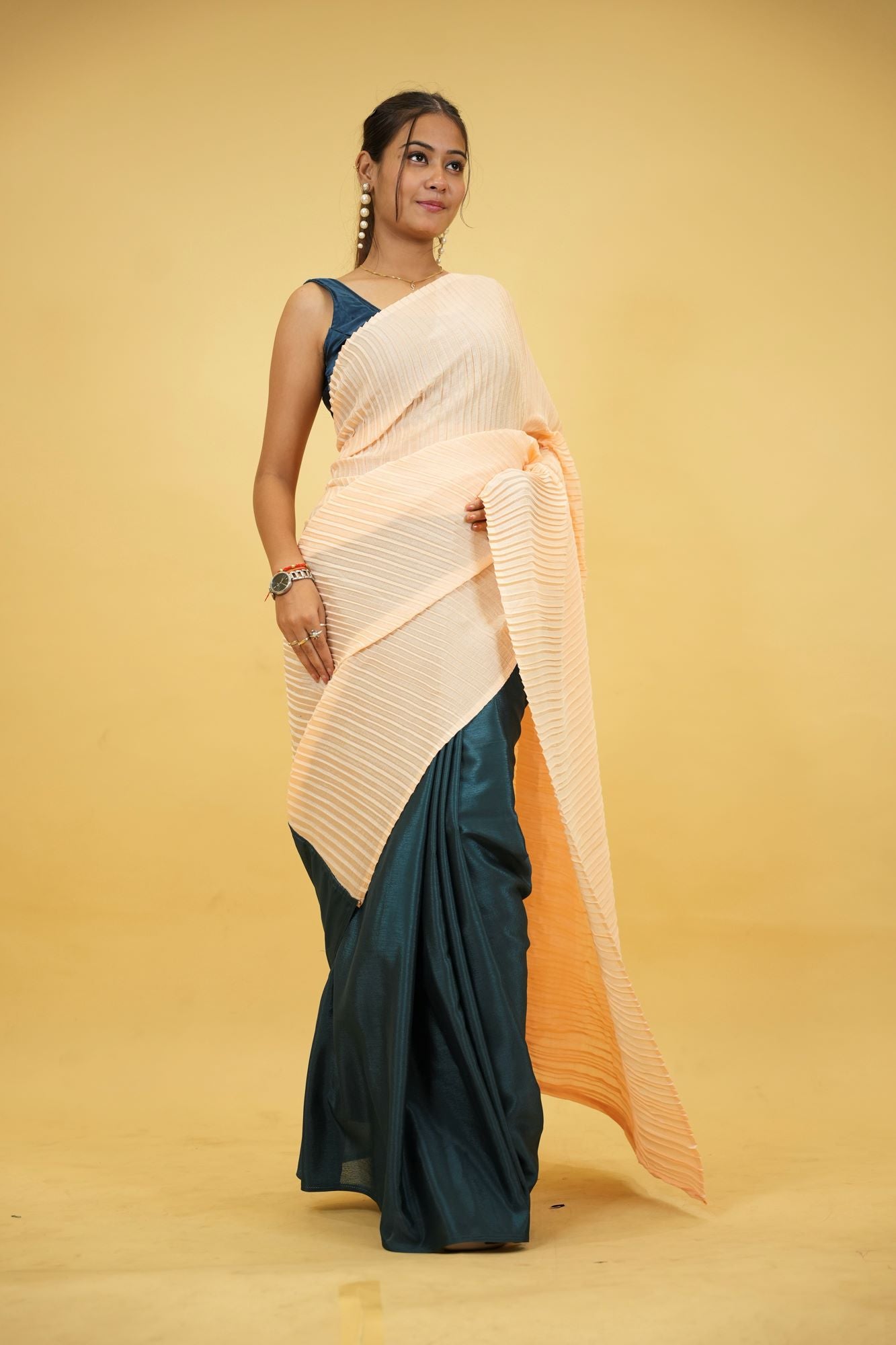 Peach Crinkle Chinon with Teal Satin Base Ready To Wear Saree
