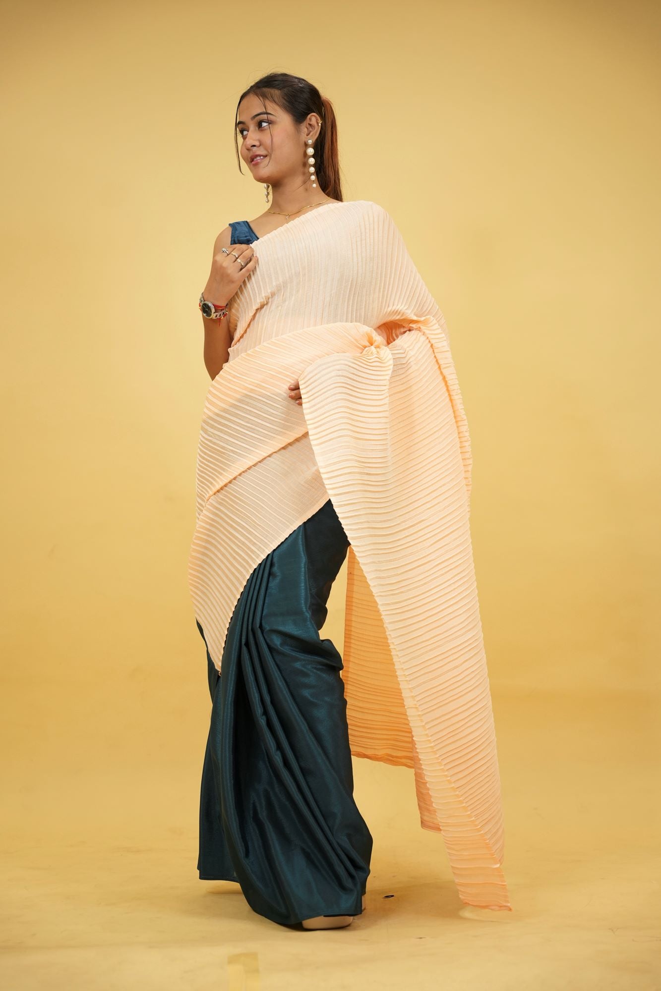 Peach Crinkle Chinon with Teal Satin Base Ready To Wear Saree