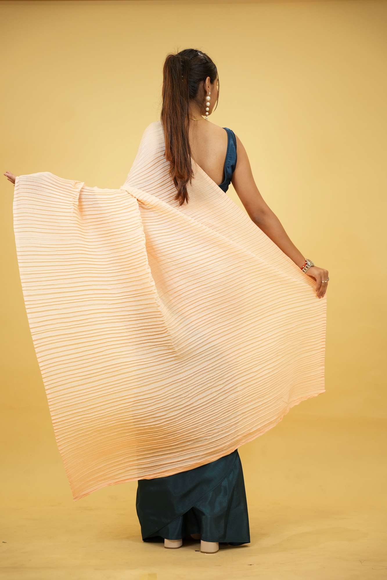 Peach Crinkle Chinon with Teal Satin Base Ready To Wear Saree