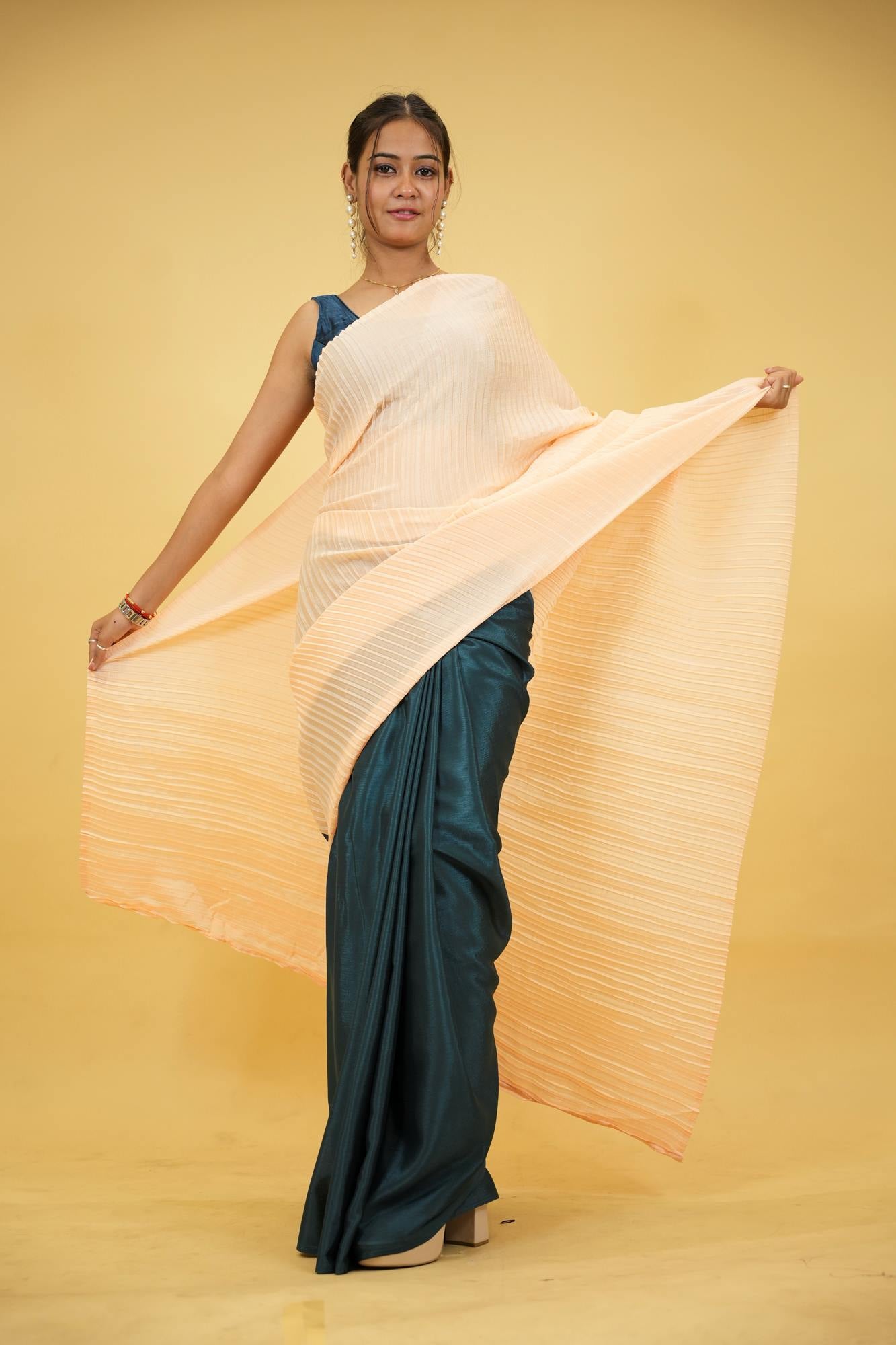 Peach Crinkle Chinon with Teal Satin Base Ready To Wear Saree