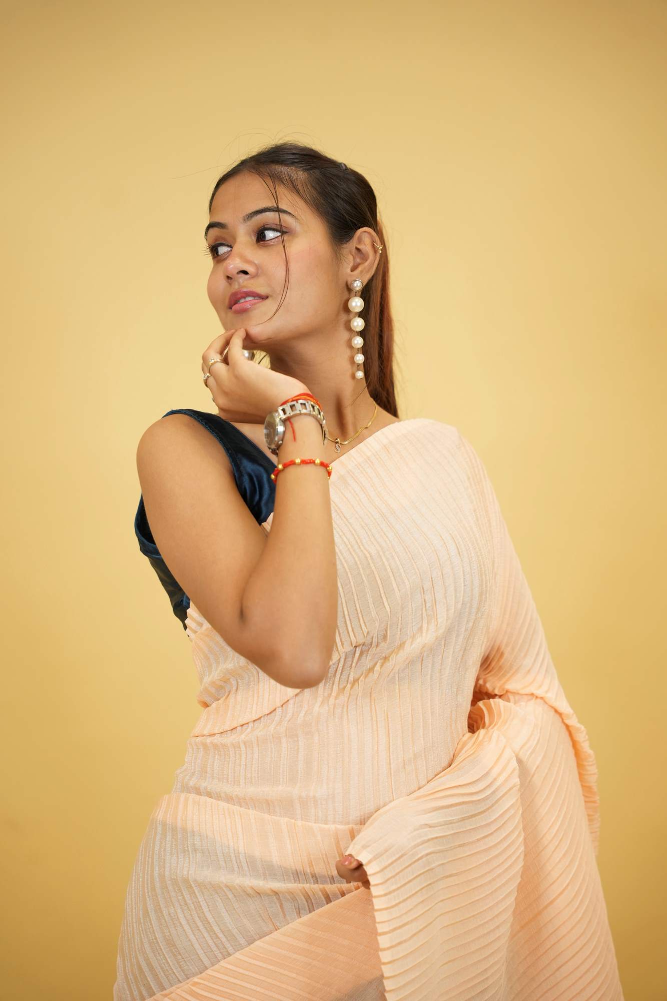 Peach Crinkle Chinon with Teal Satin Base Ready To Wear Saree