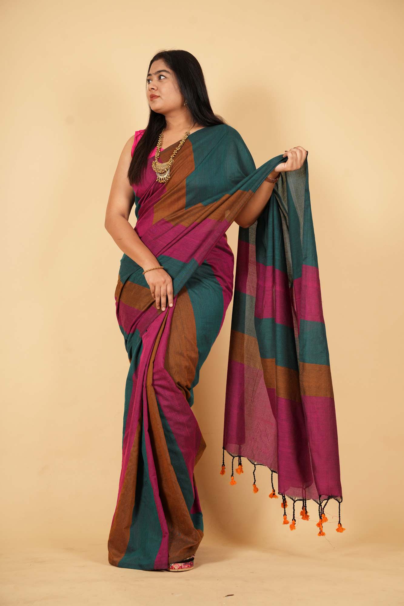 Earthy Stripes Handloom Cotton Ready To Wear Saree