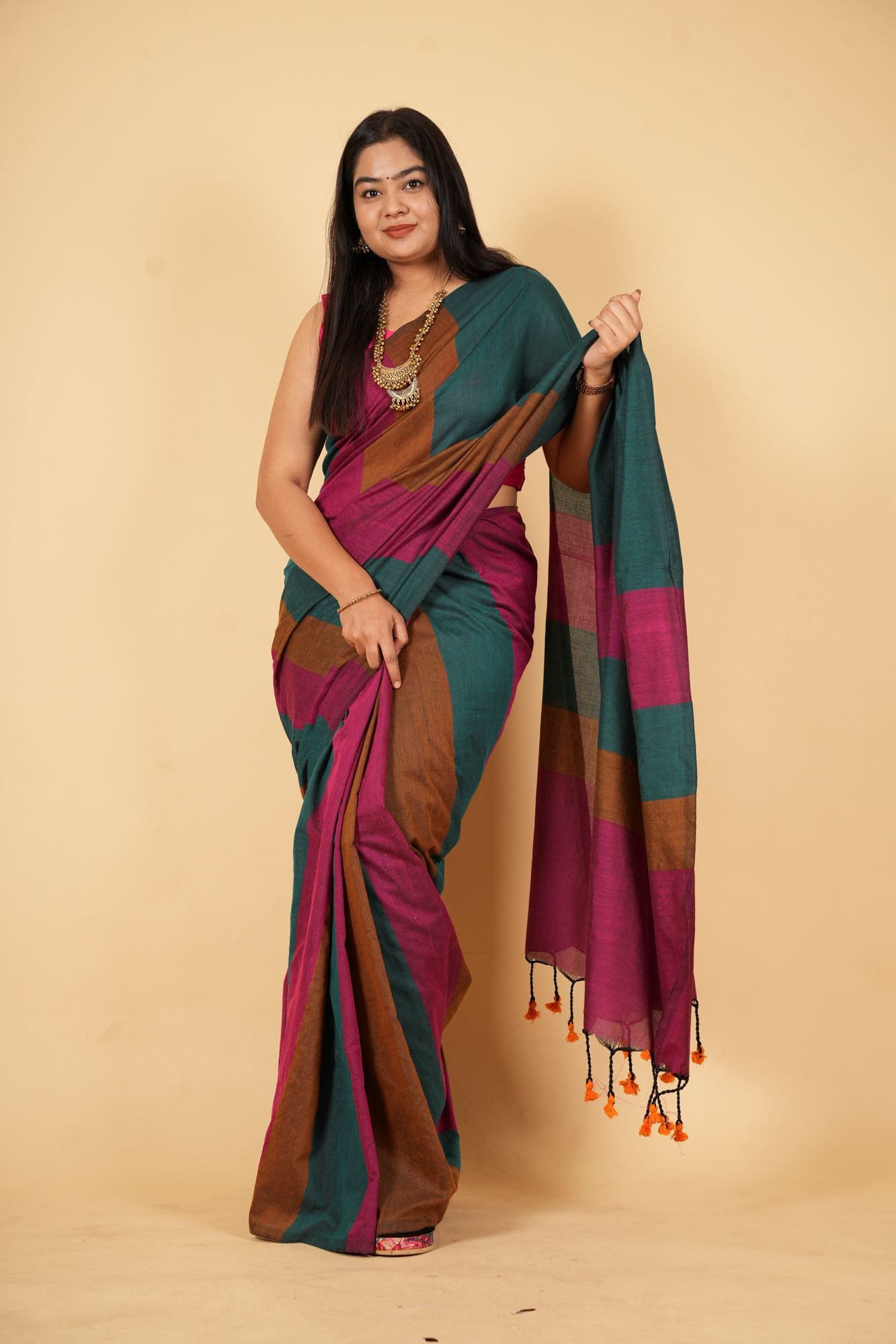 Earthy Stripes Handloom Cotton Ready To Wear Saree