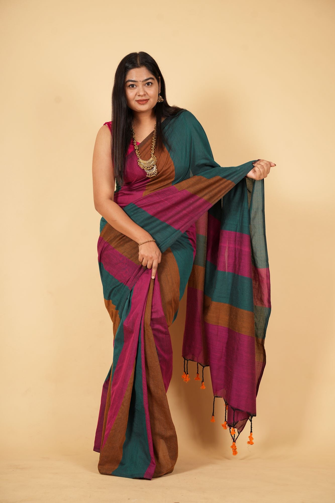 Earthy Stripes Handloom Cotton Ready To Wear Saree