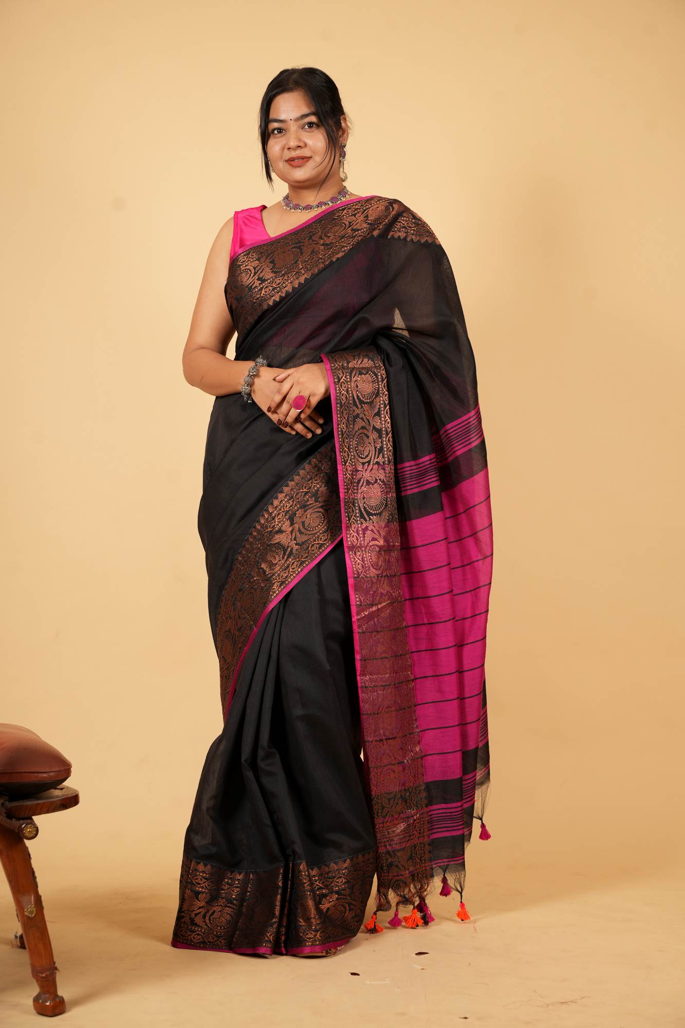 Black and Magenta Silk Cotton with Intricate Zari Work Ready To wear Saree