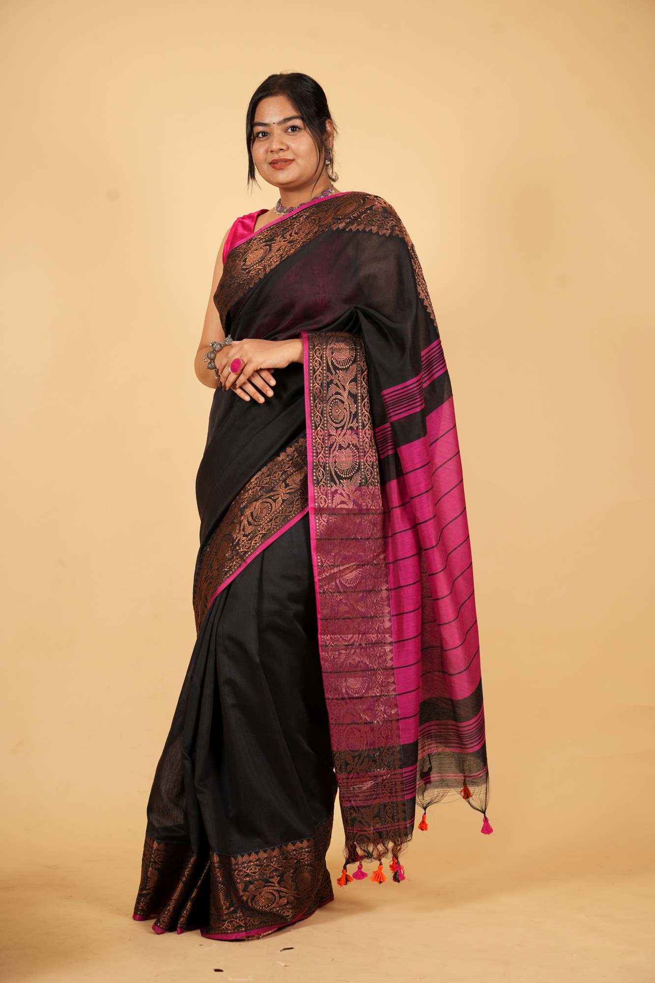 Black and Magenta Silk Cotton with Intricate Zari Work Ready To wear Saree