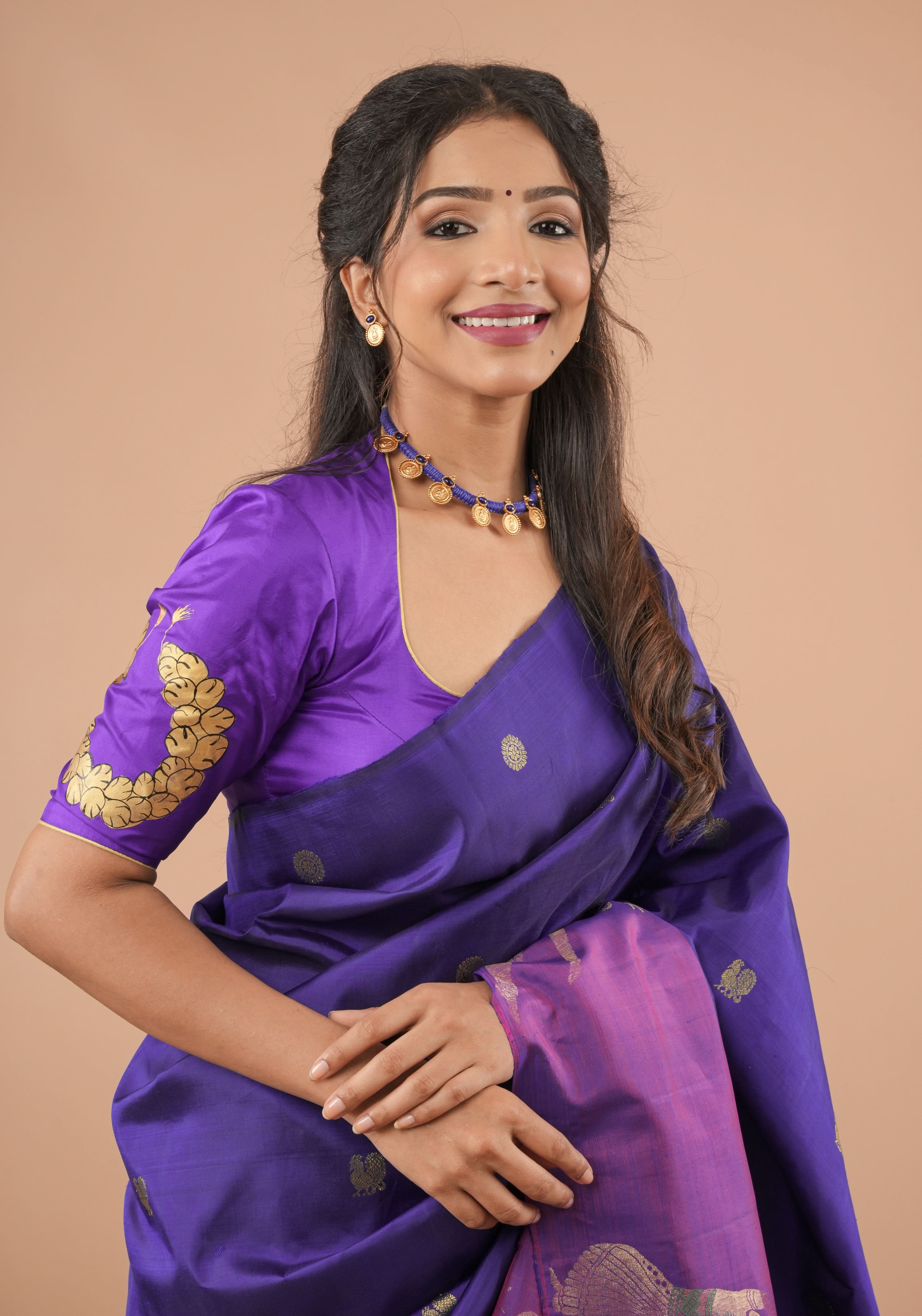 Blue Purple Pure Silk Blouse With Bharatanatyam Dancer Handpainting, Customizable, Made to Order | SHOBITAM