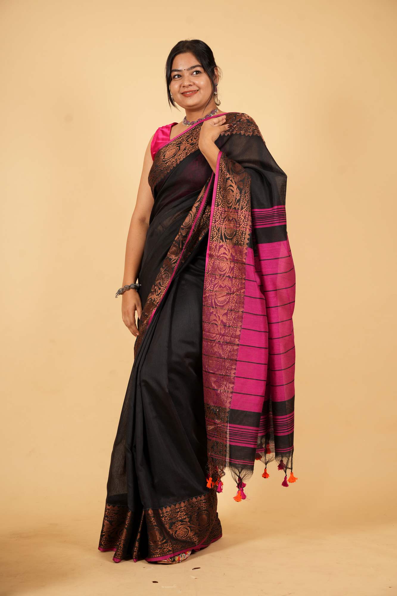 Black and Magenta Silk Cotton with Intricate Zari Work Ready To wear Saree