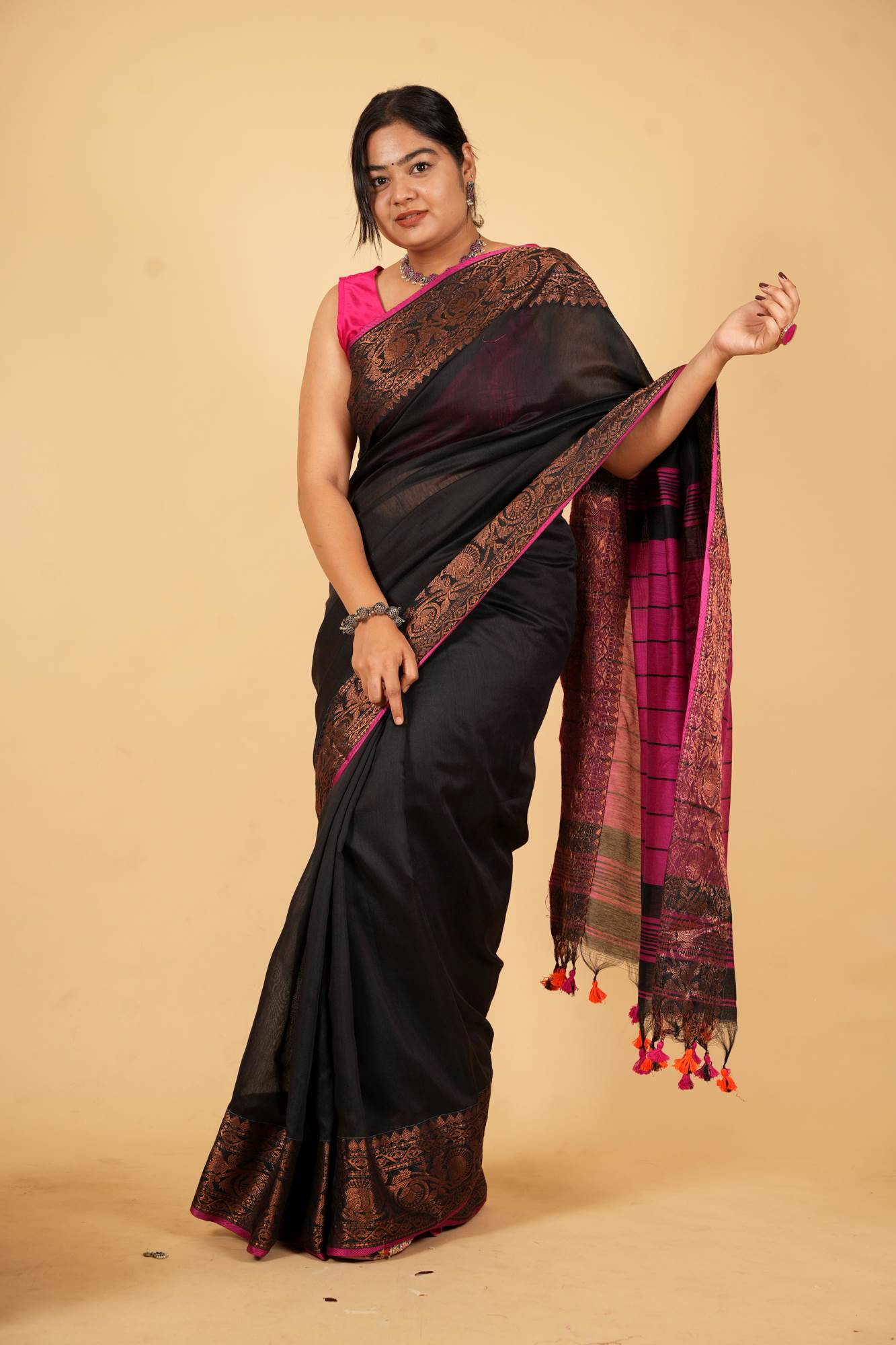 Black and Magenta Silk Cotton with Intricate Zari Work Ready To wear Saree