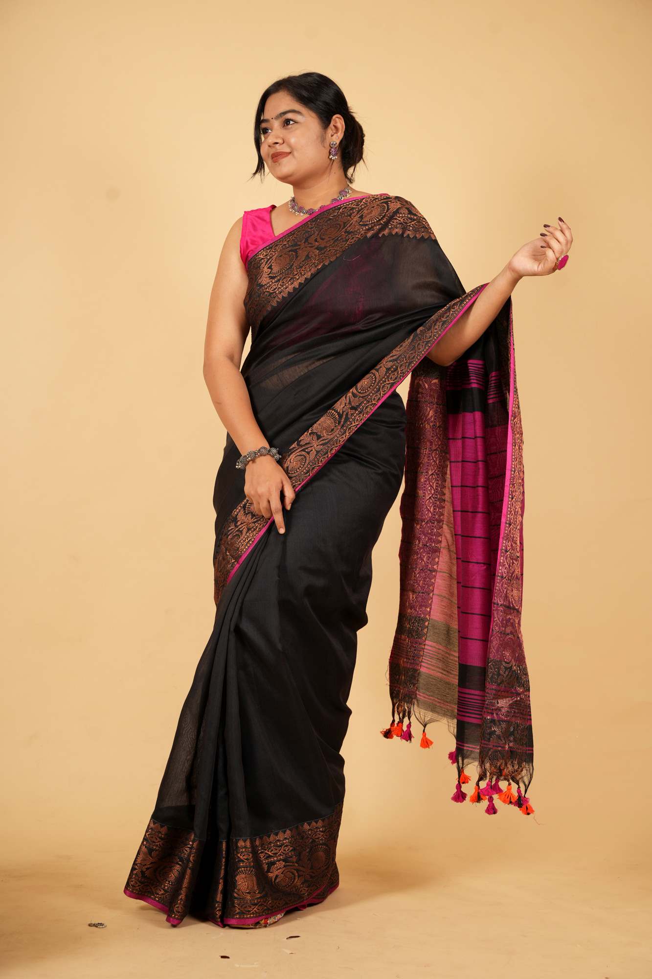 Black and Magenta Silk Cotton with Intricate Zari Work Ready To wear Saree