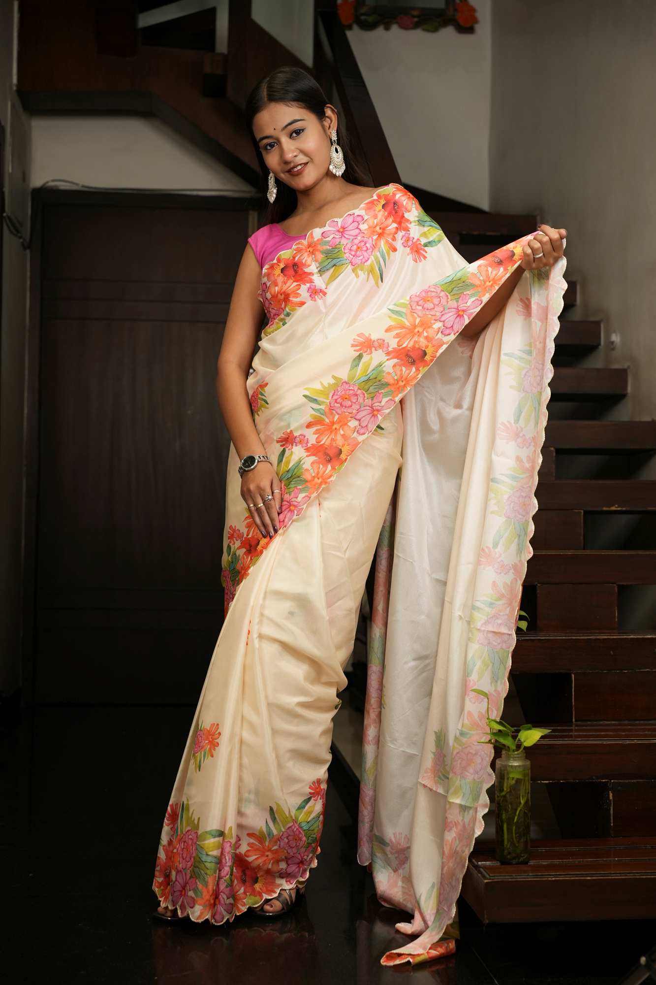 Cotton Silk With British countryside flowers scalloped Border Ready To Wear Saree