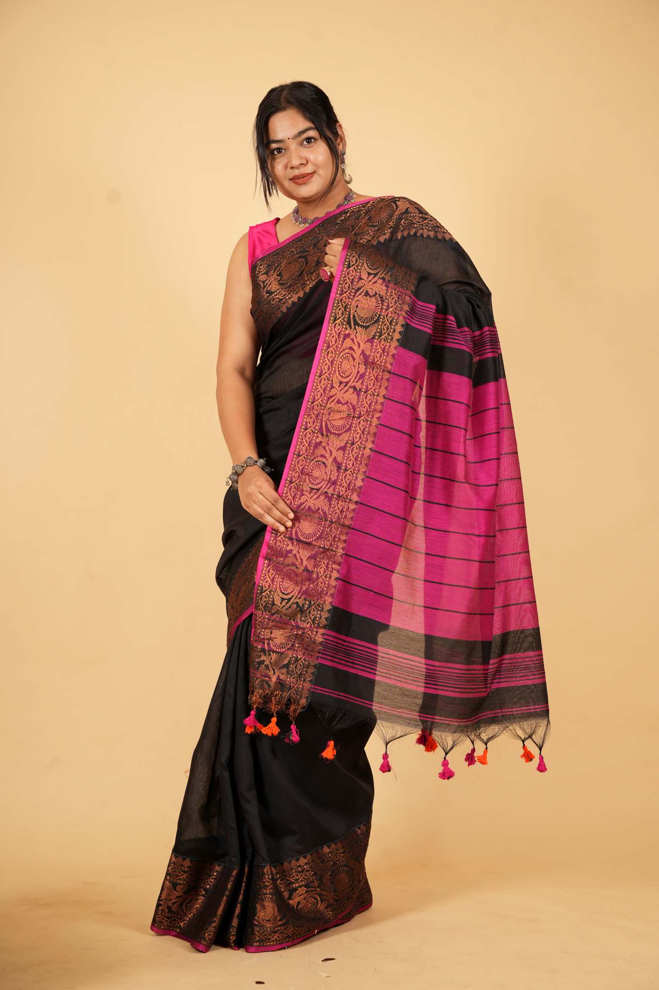 Black and Magenta Silk Cotton with Intricate Zari Work Ready To wear Saree