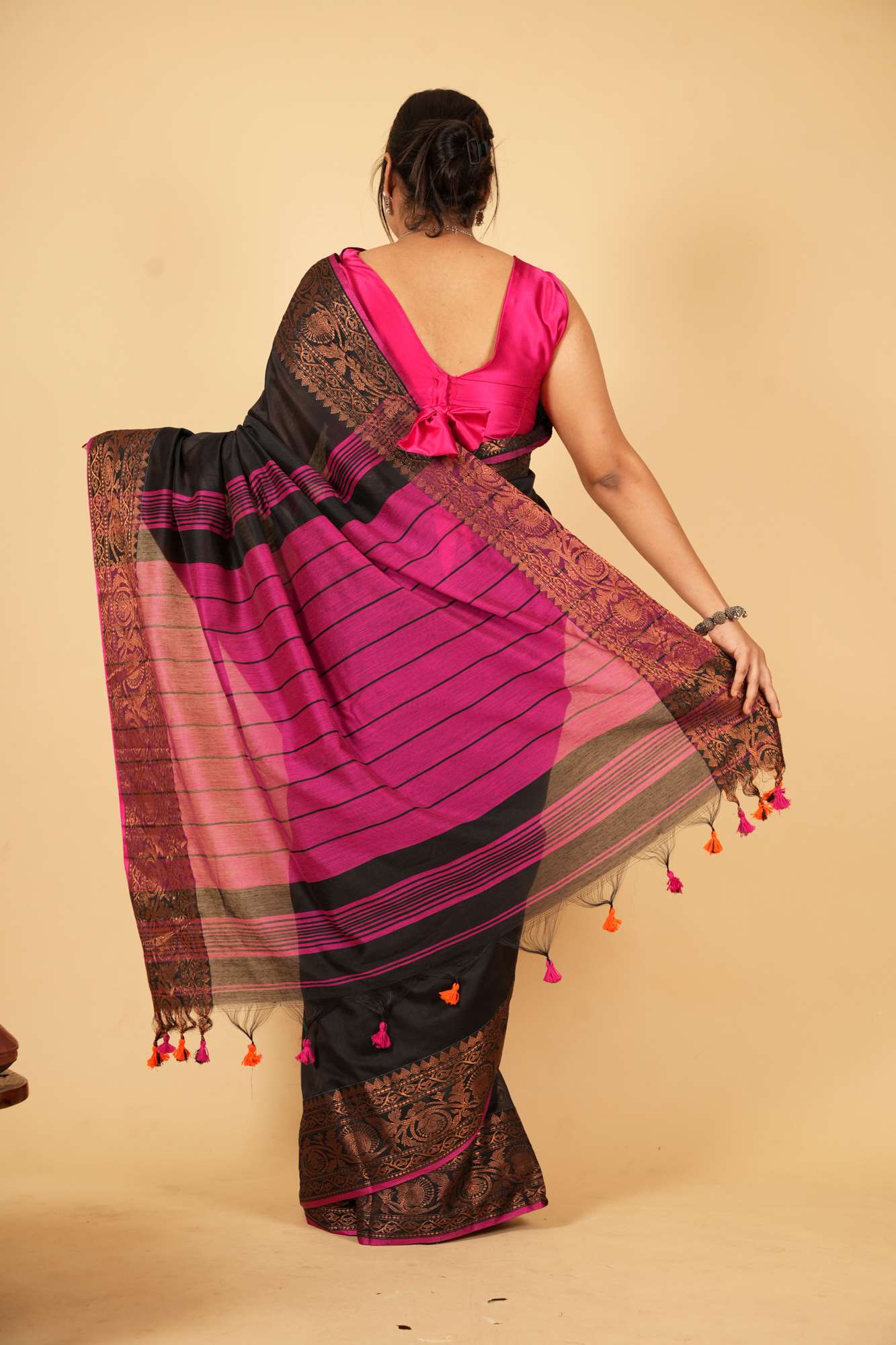 Black and Magenta Silk Cotton with Intricate Zari Work Ready To wear Saree