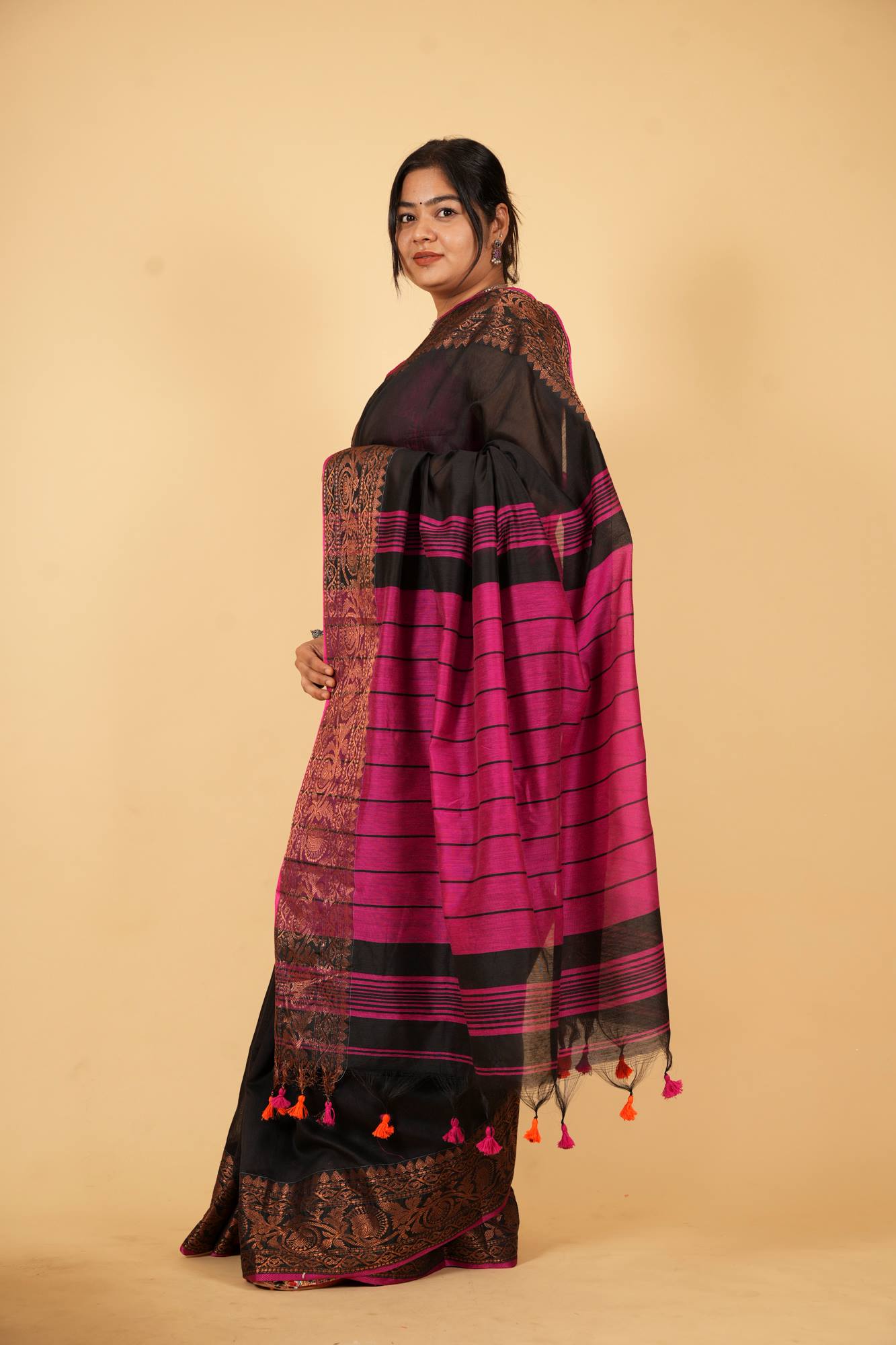 Black and Magenta Silk Cotton with Intricate Zari Work Ready To wear Saree