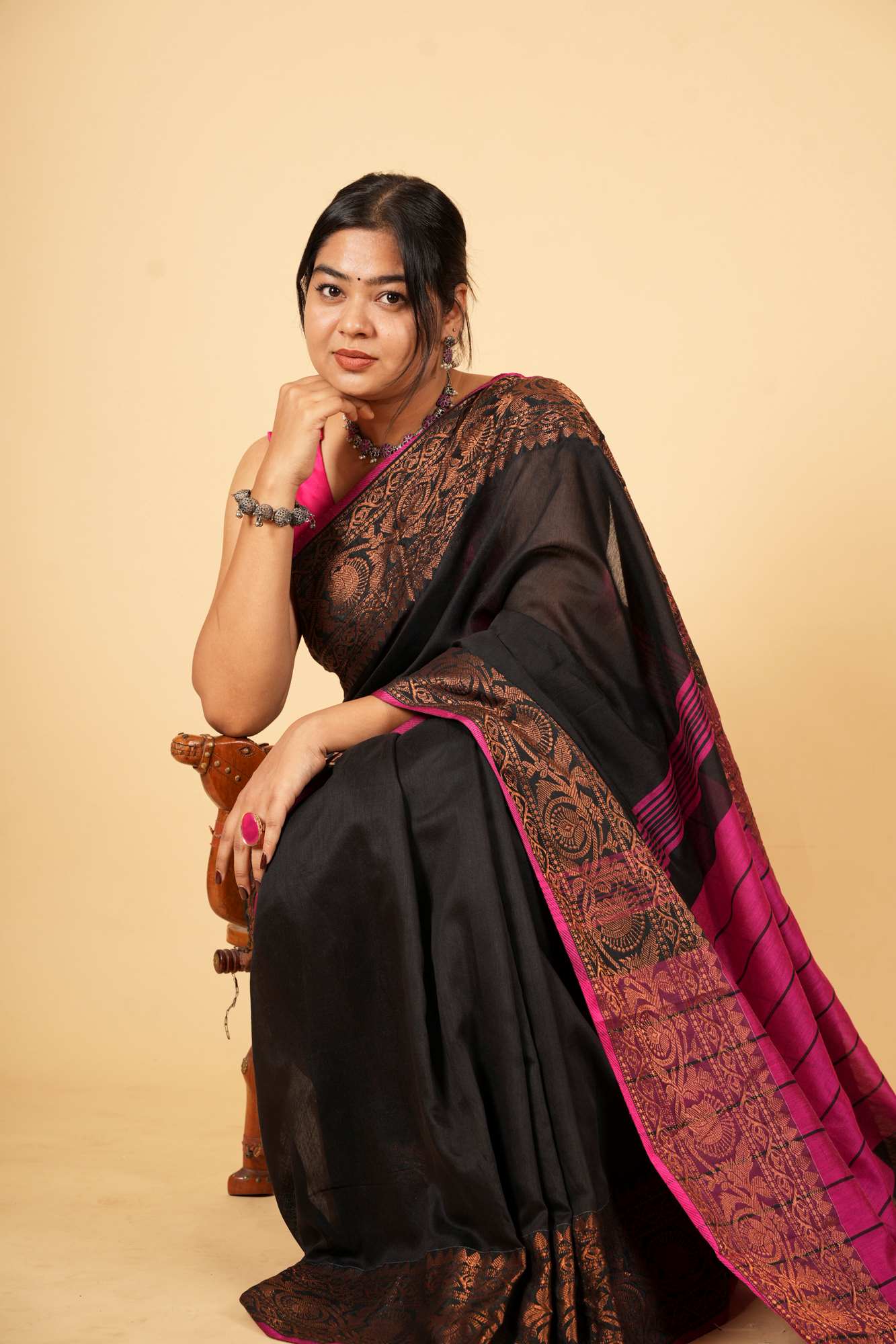 Black and Magenta Silk Cotton with Intricate Zari Work Ready To wear Saree
