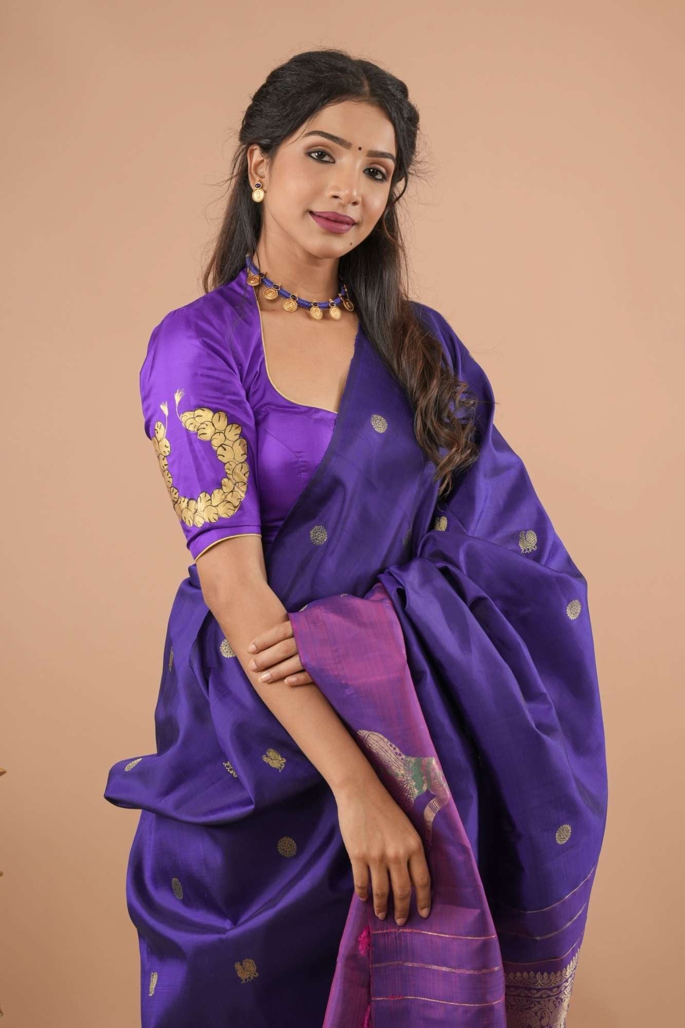 Blue Purple Pure Silk Blouse With Bharatanatyam Dancer Handpainting, Customizable, Made to Order