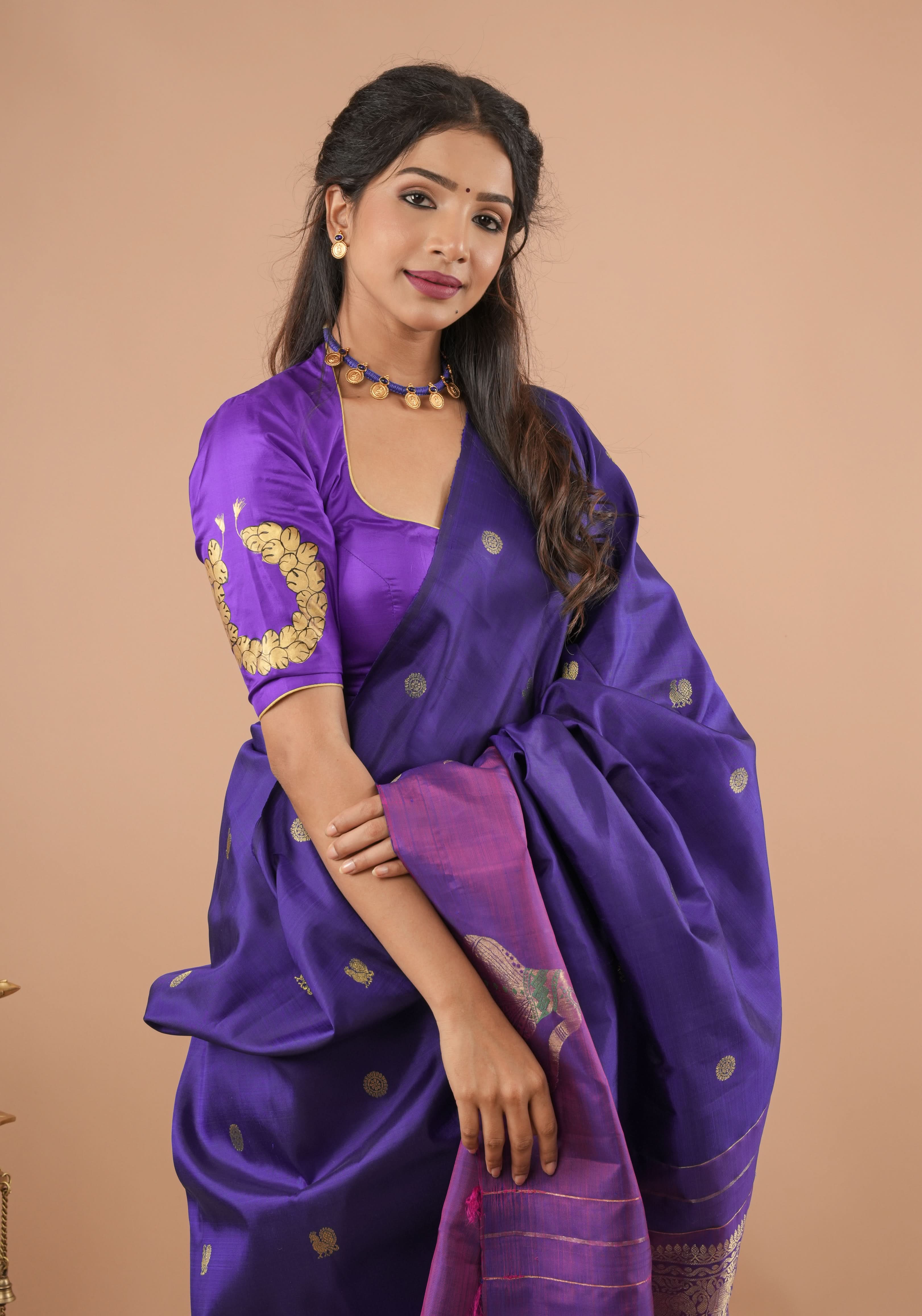 Blue Purple Pure Silk Blouse With Bharatanatyam Dancer Handpainting, Customizable, Made to Order | SHOBITAM