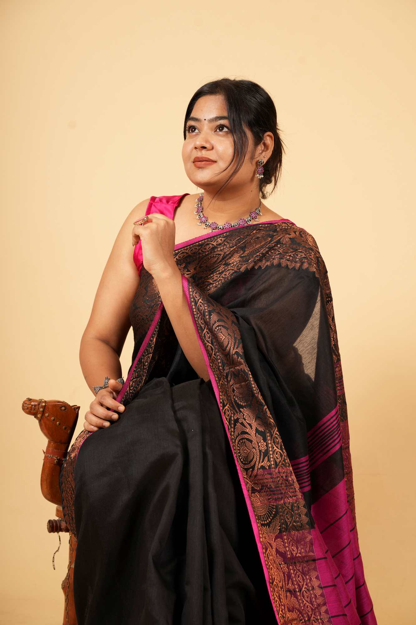 Black and Magenta Silk Cotton with Intricate Zari Work Ready To wear Saree