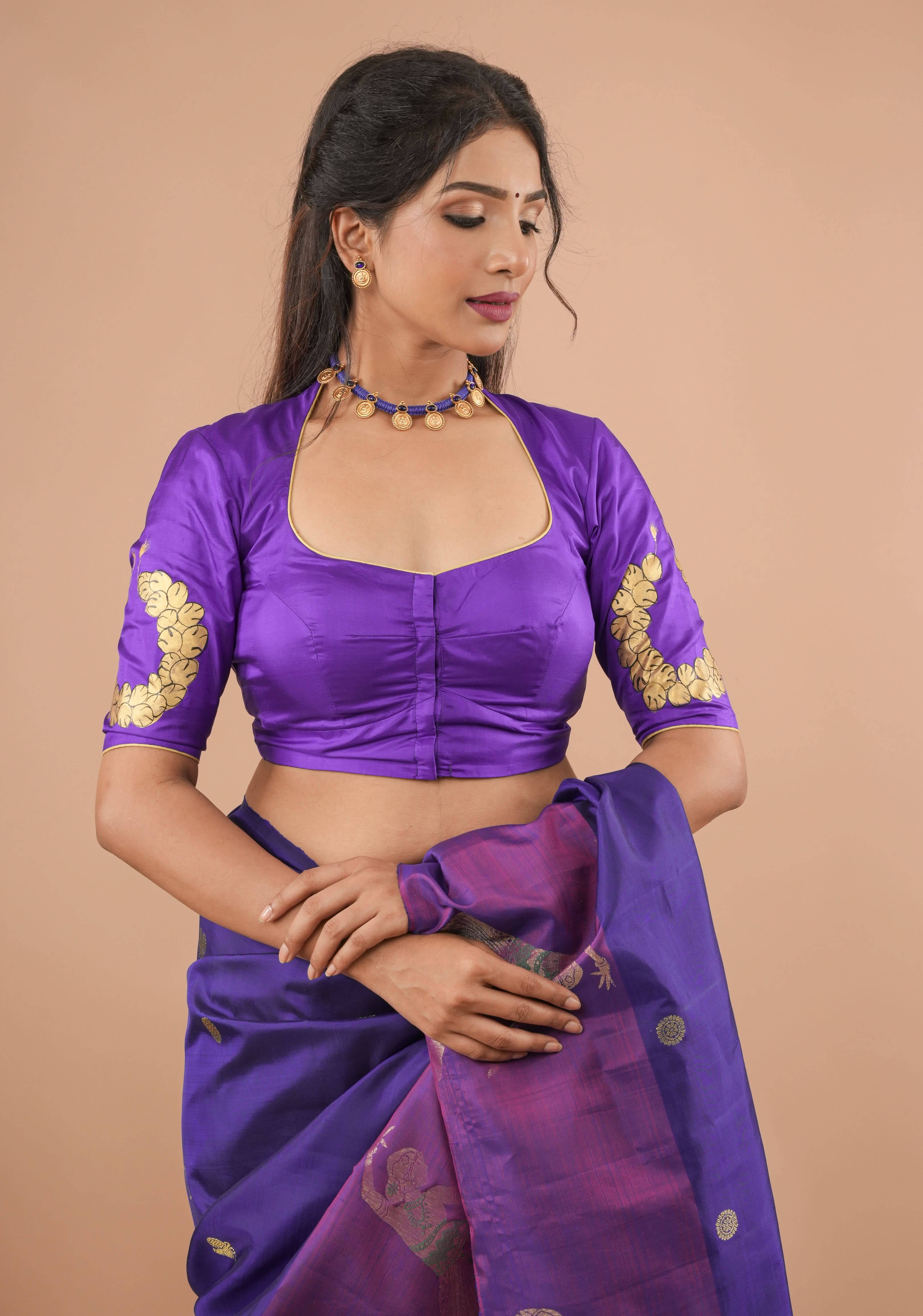 Blue Purple Pure Silk Blouse With Bharatanatyam Dancer Handpainting, Customizable, Made to Order | SHOBITAM