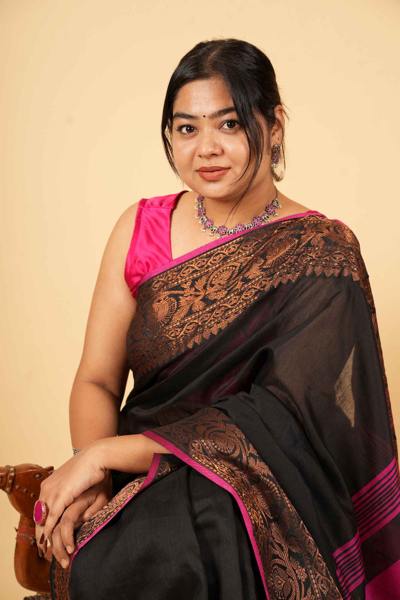 Black and Magenta Silk Cotton with Intricate Zari Work Ready To wear Saree