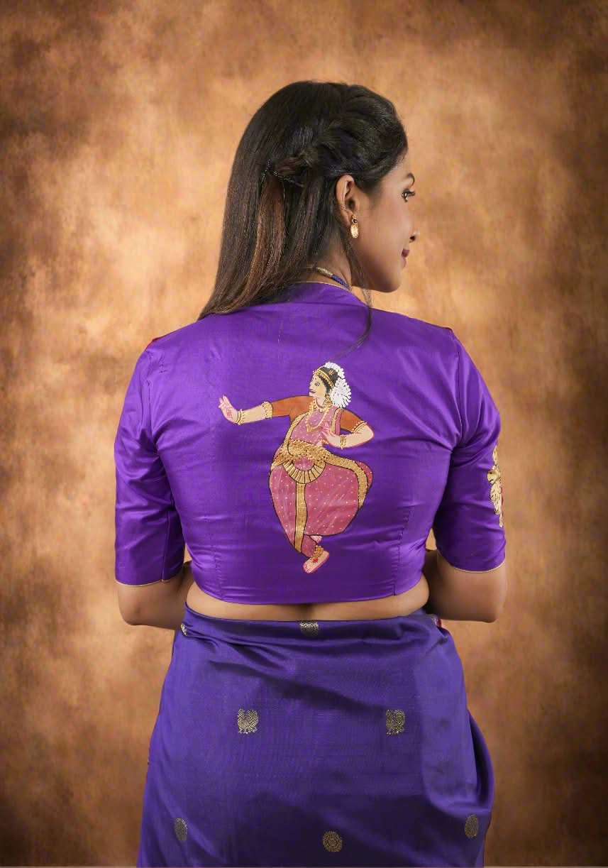 Blue Purple Pure Silk Blouse With Bharatanatyam Dancer Handpainting, Customizable, Made to Order | SHOBITAM