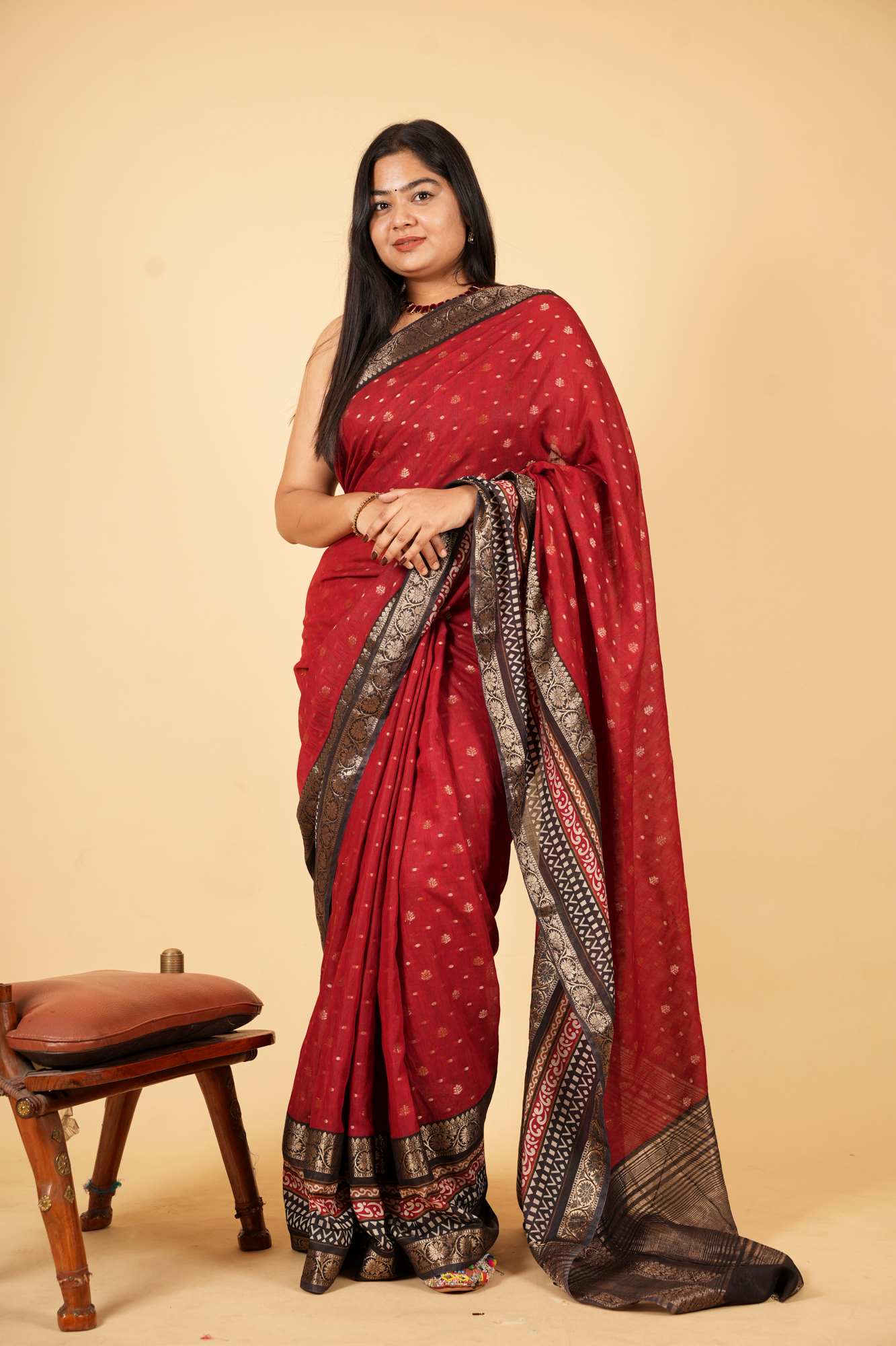 Handloom Maroon Cotton Silk with Zari Buti and Ornate Antique Zari Border Ready To wear Saree