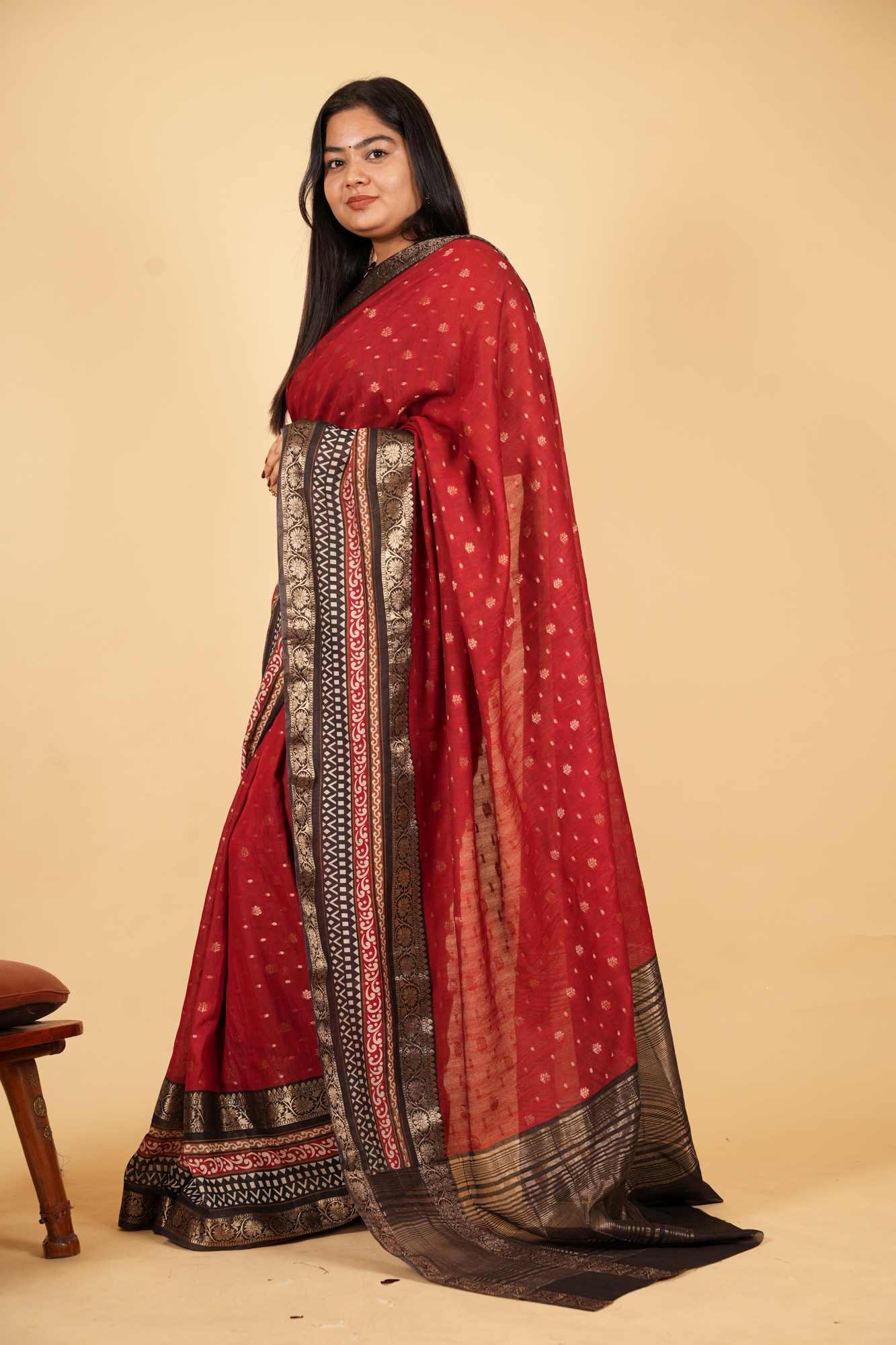Handloom Maroon Cotton Silk with Zari Buti and Ornate Antique Zari Border Ready To wear Saree