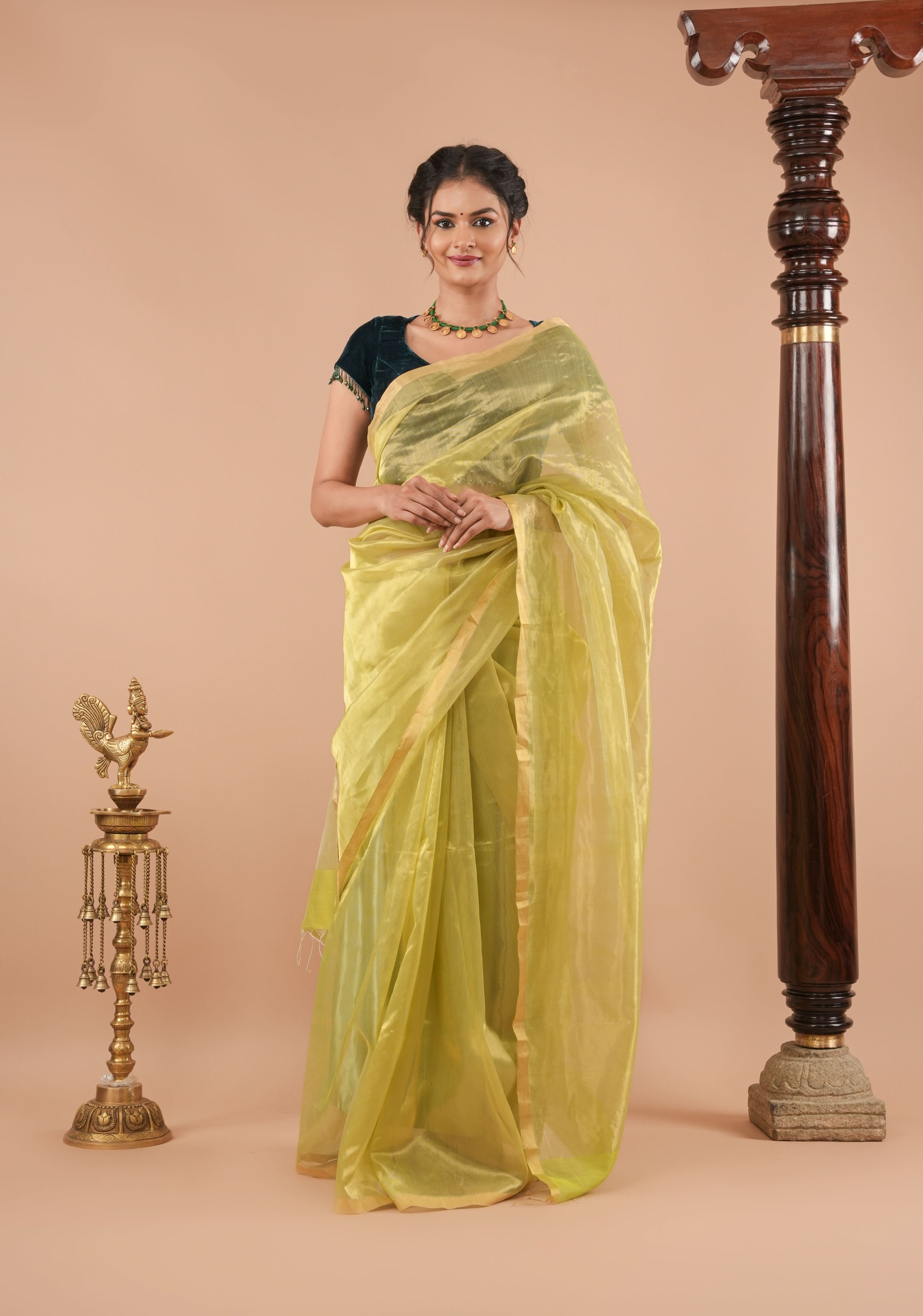 Pistachio Green and Gold Half and Half Tissue Stripes Maheshwari Silk Cotton Saree | Shobitam