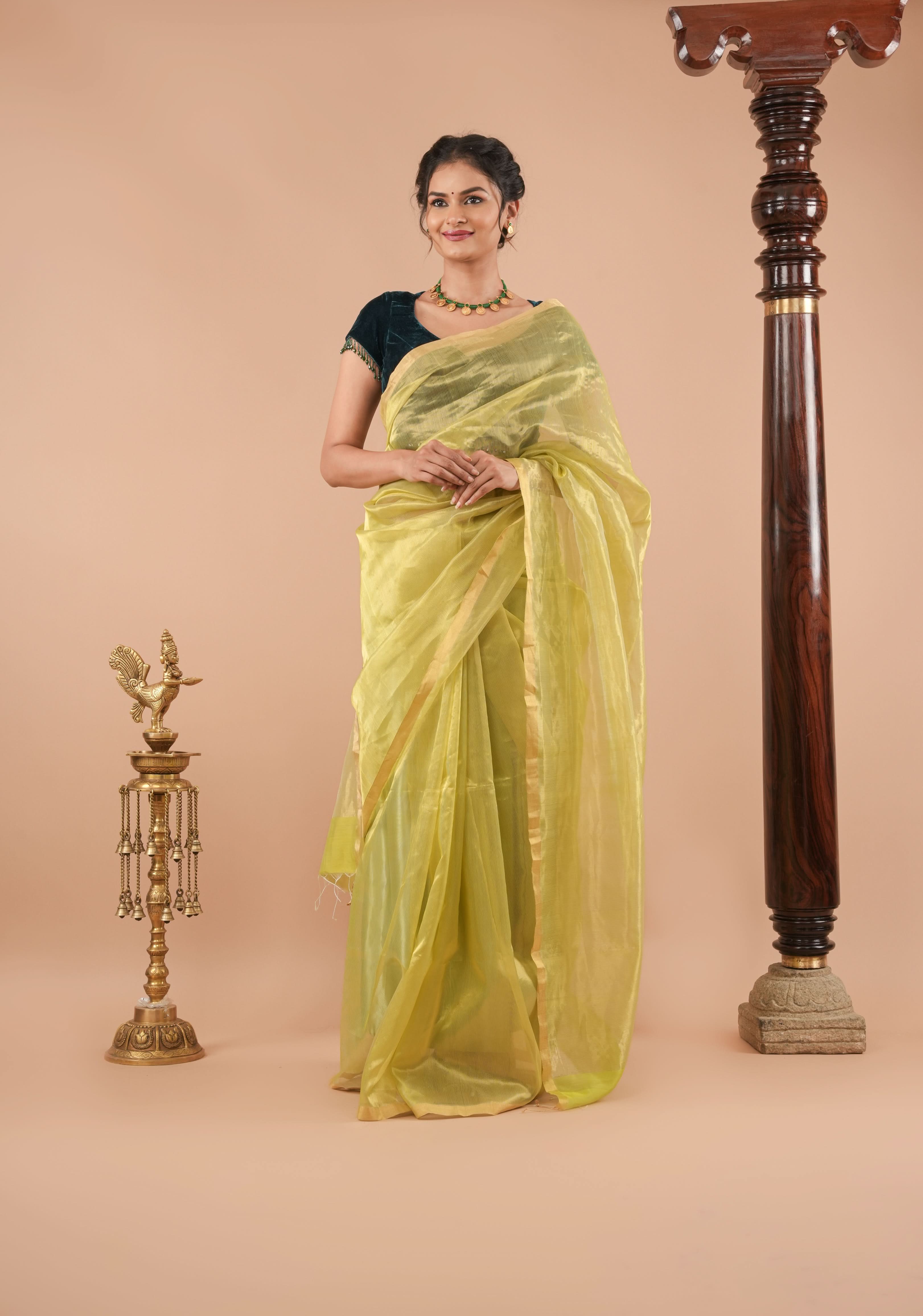 Pistachio Green and Gold Half and Half Tissue Stripes Maheshwari Silk Cotton Saree | Shobitam