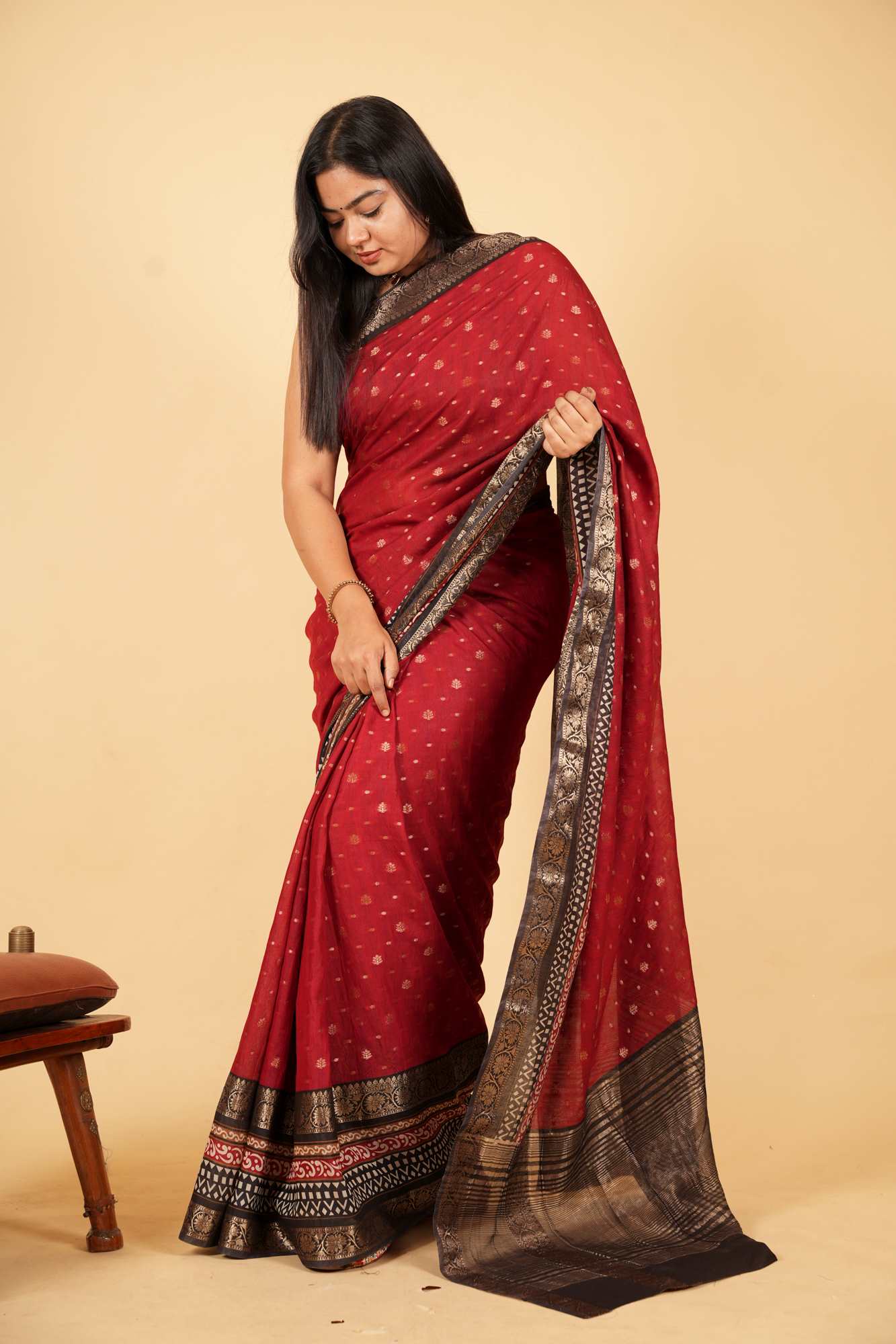 Handloom Maroon Cotton Silk with Zari Buti and Ornate Antique Zari Border Ready To wear Saree