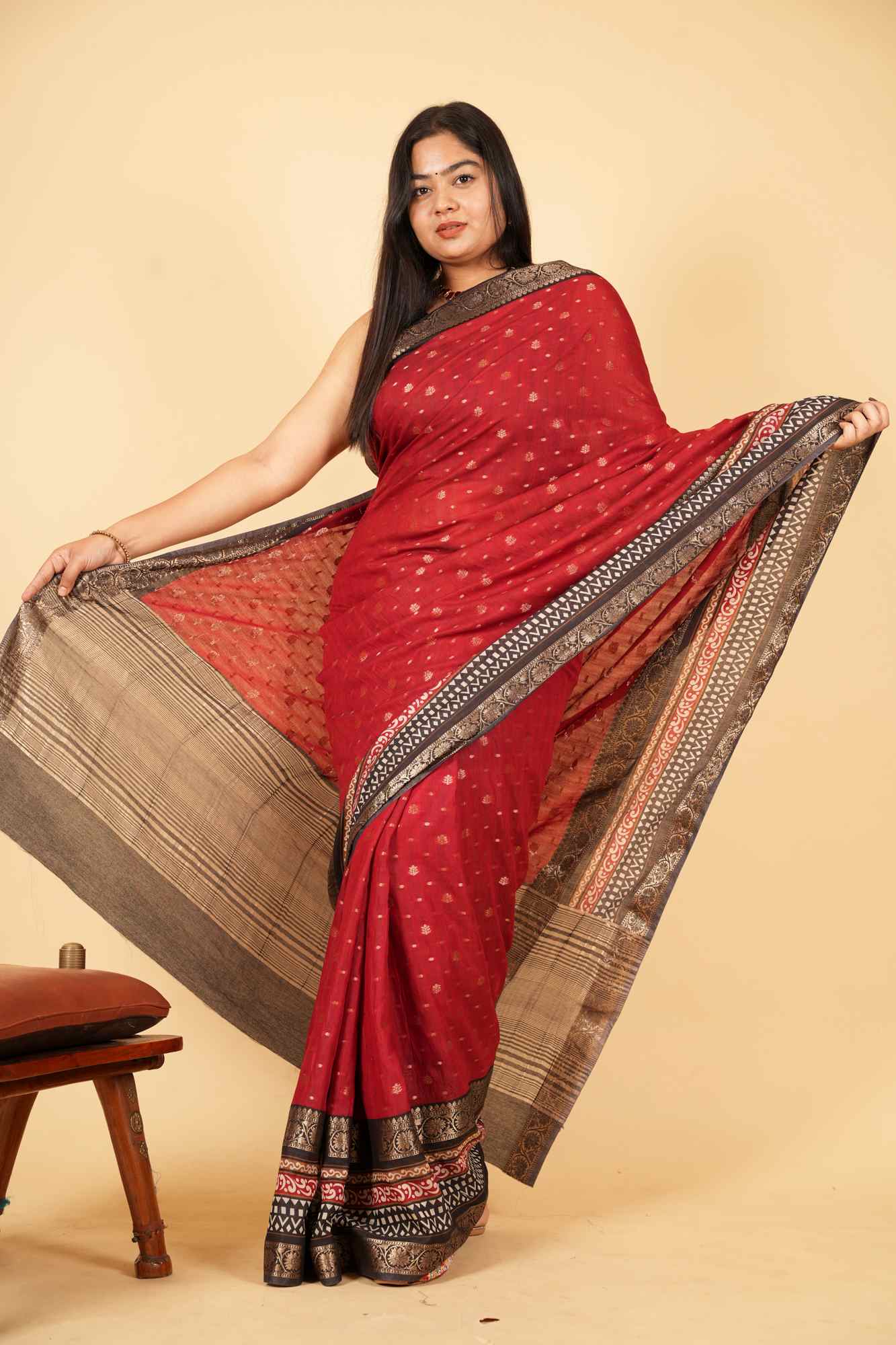 Handloom Maroon Cotton Silk with Zari Buti and Ornate Antique Zari Border Ready To wear Saree