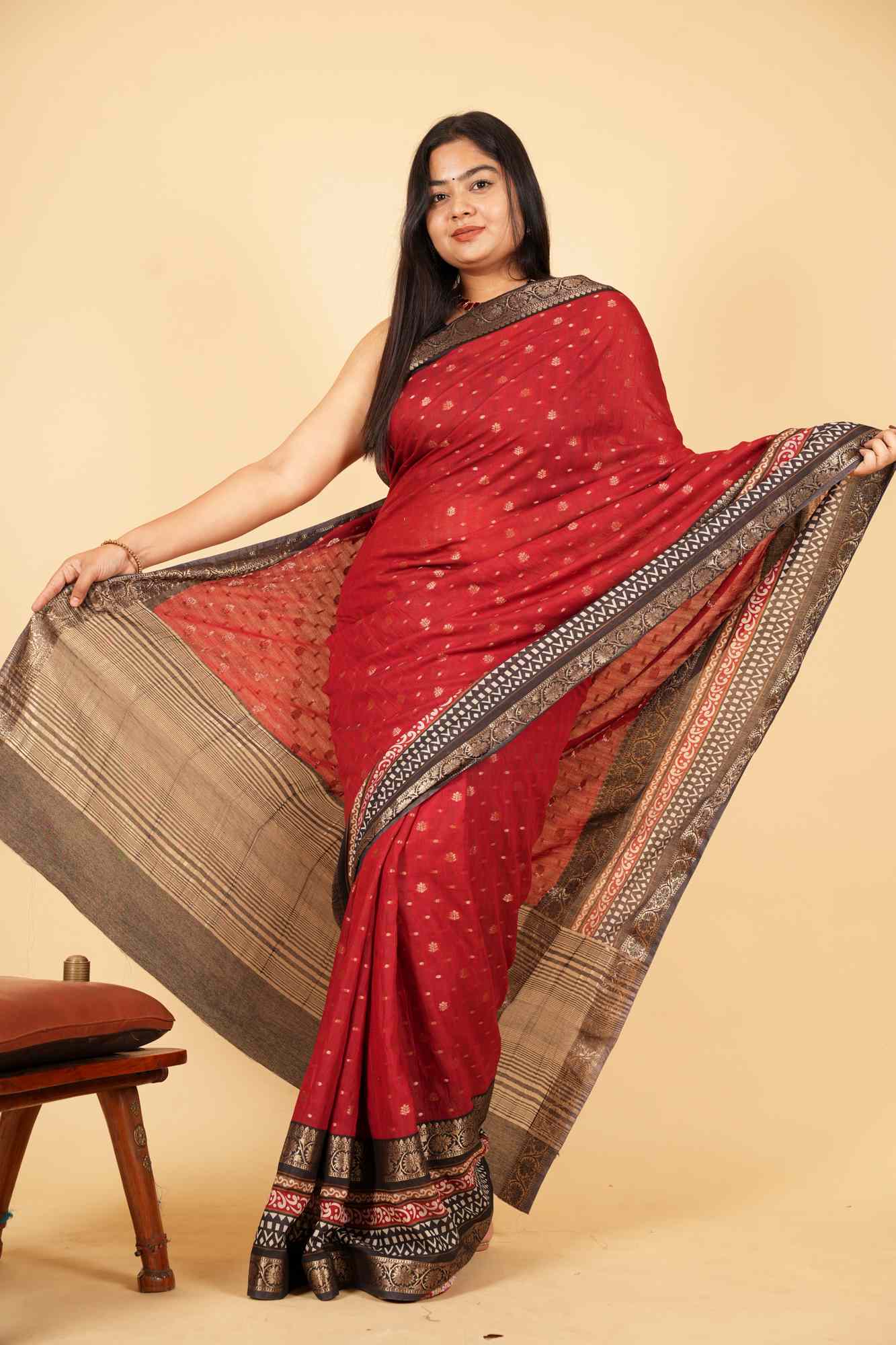 Handloom Maroon Cotton Silk with Zari Buti and Ornate Antique Zari Border Ready To wear Saree