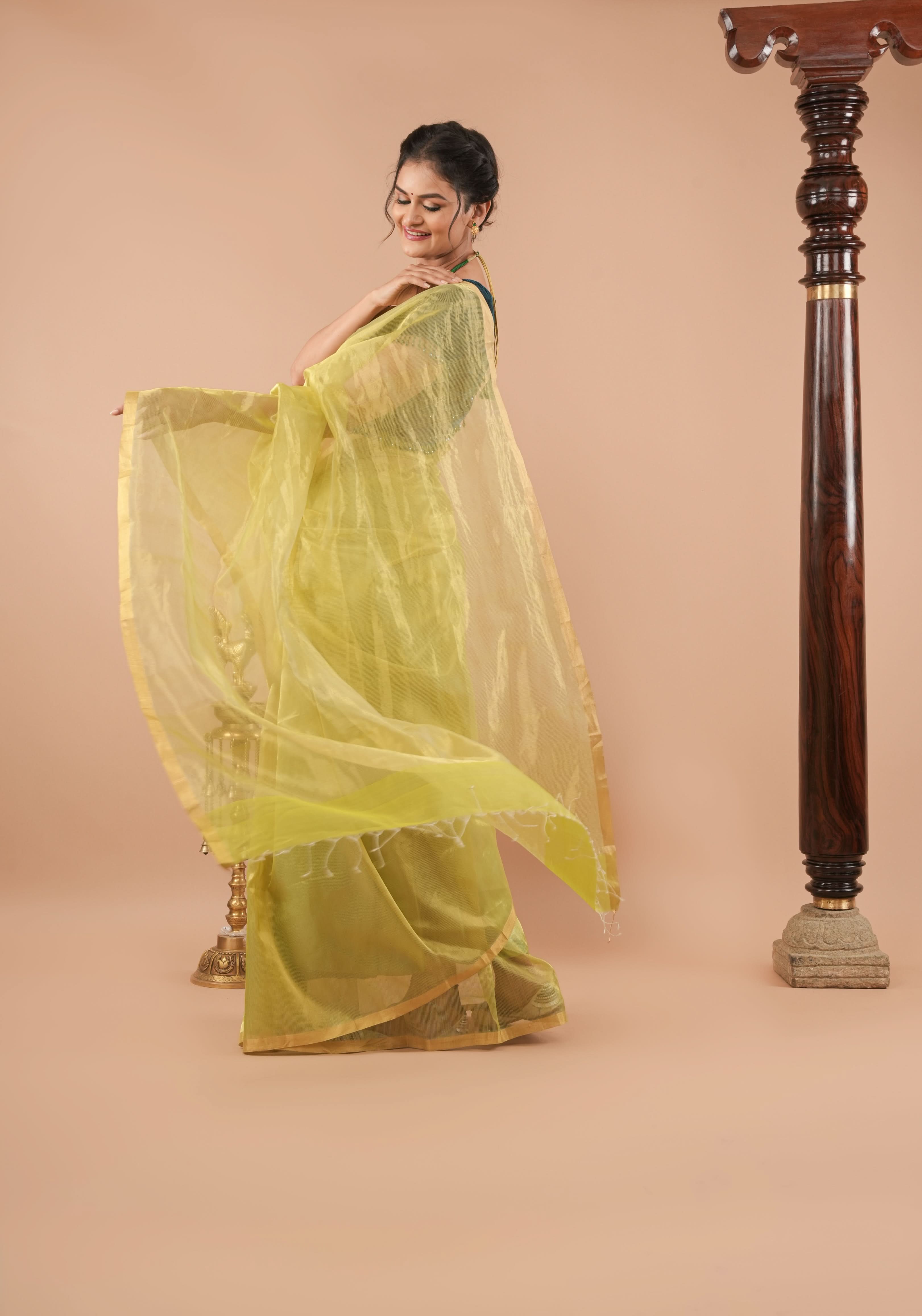 Pistachio Green and Gold Half and Half Tissue Stripes Maheshwari Silk Cotton Saree | Shobitam
