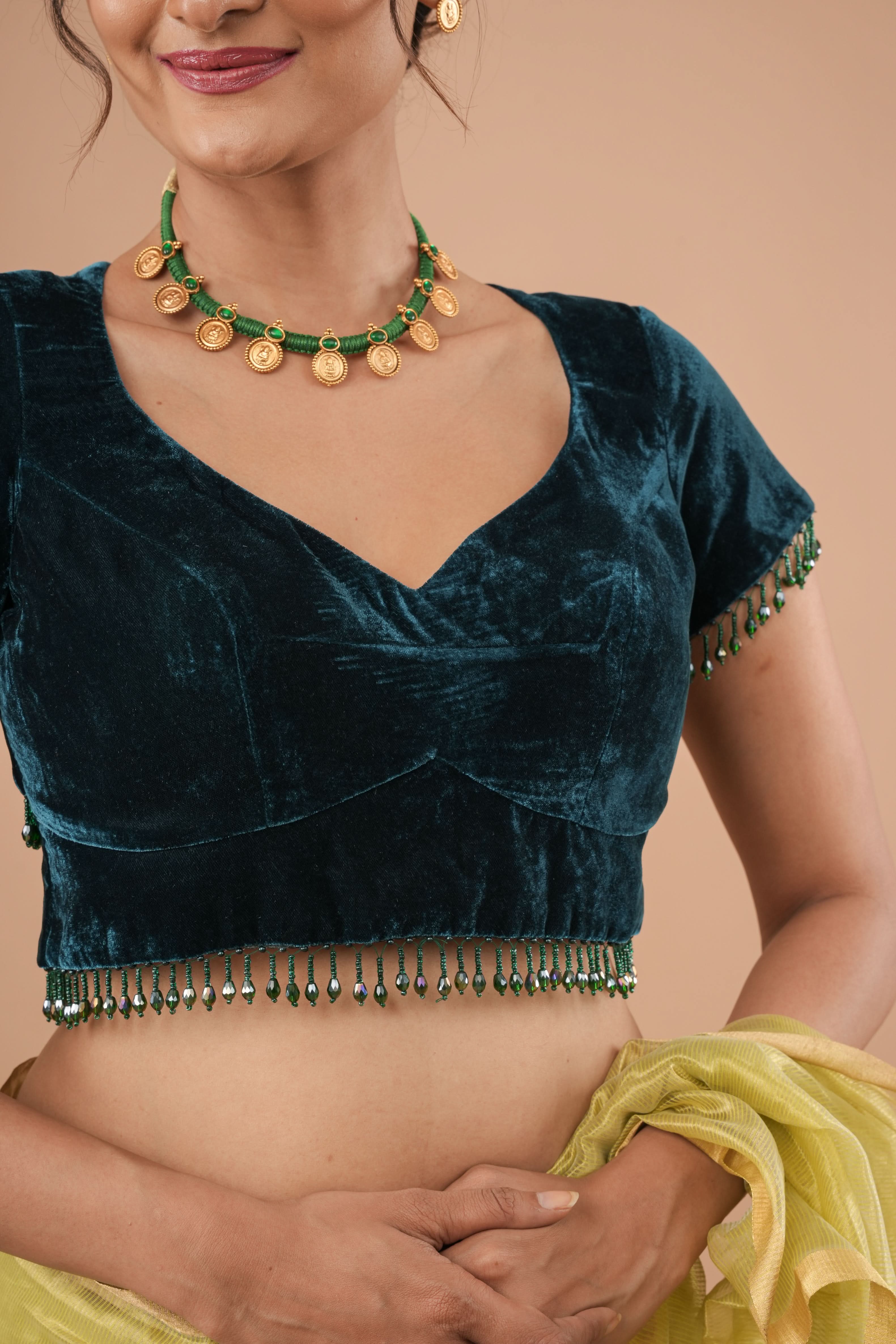 Hunter Green Velvet Blouse With Beads Detailing, Made to Order | Shobitam