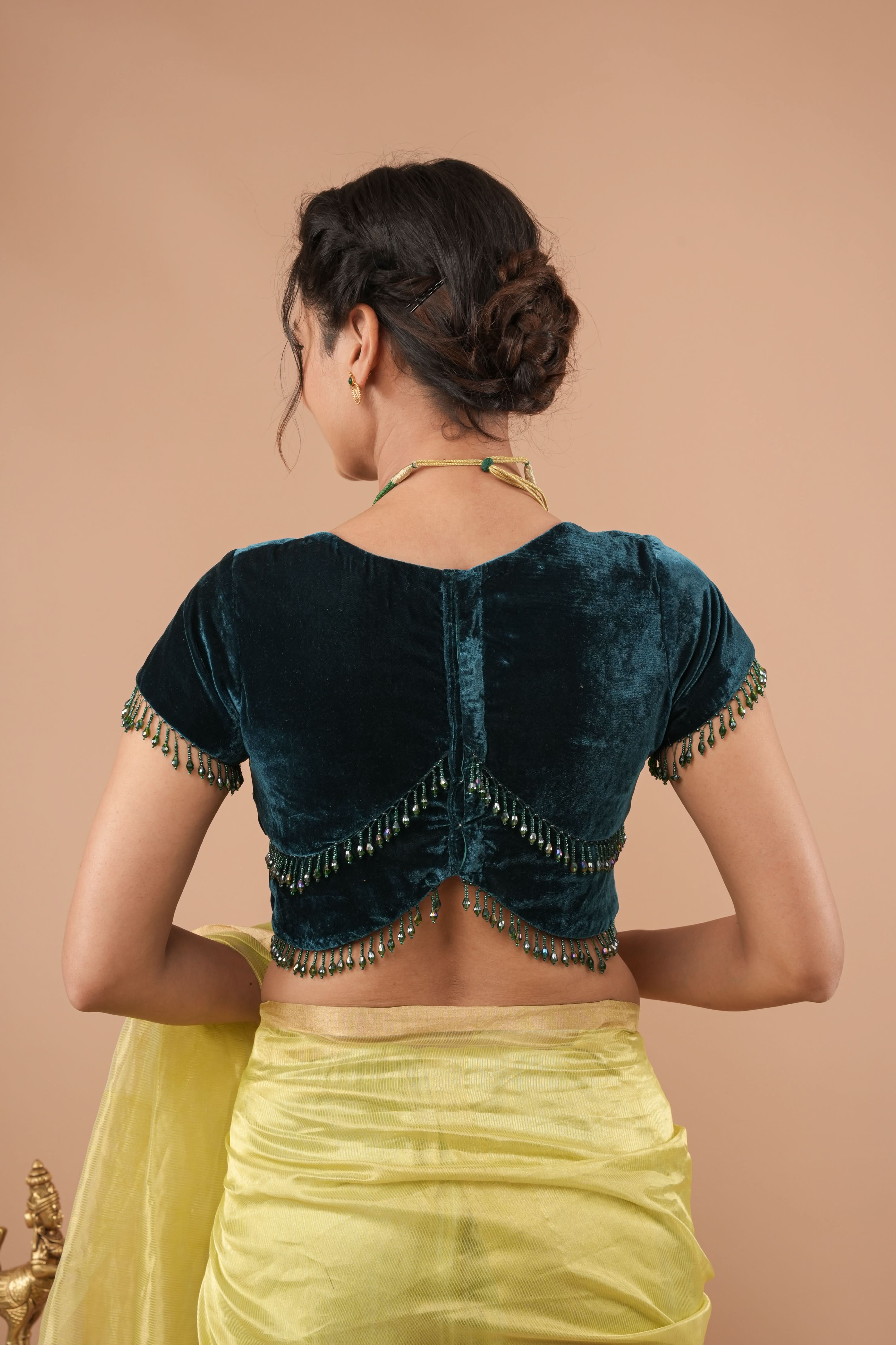 Hunter Green Velvet Blouse With Beads Detailing, Made to Order | Shobitam