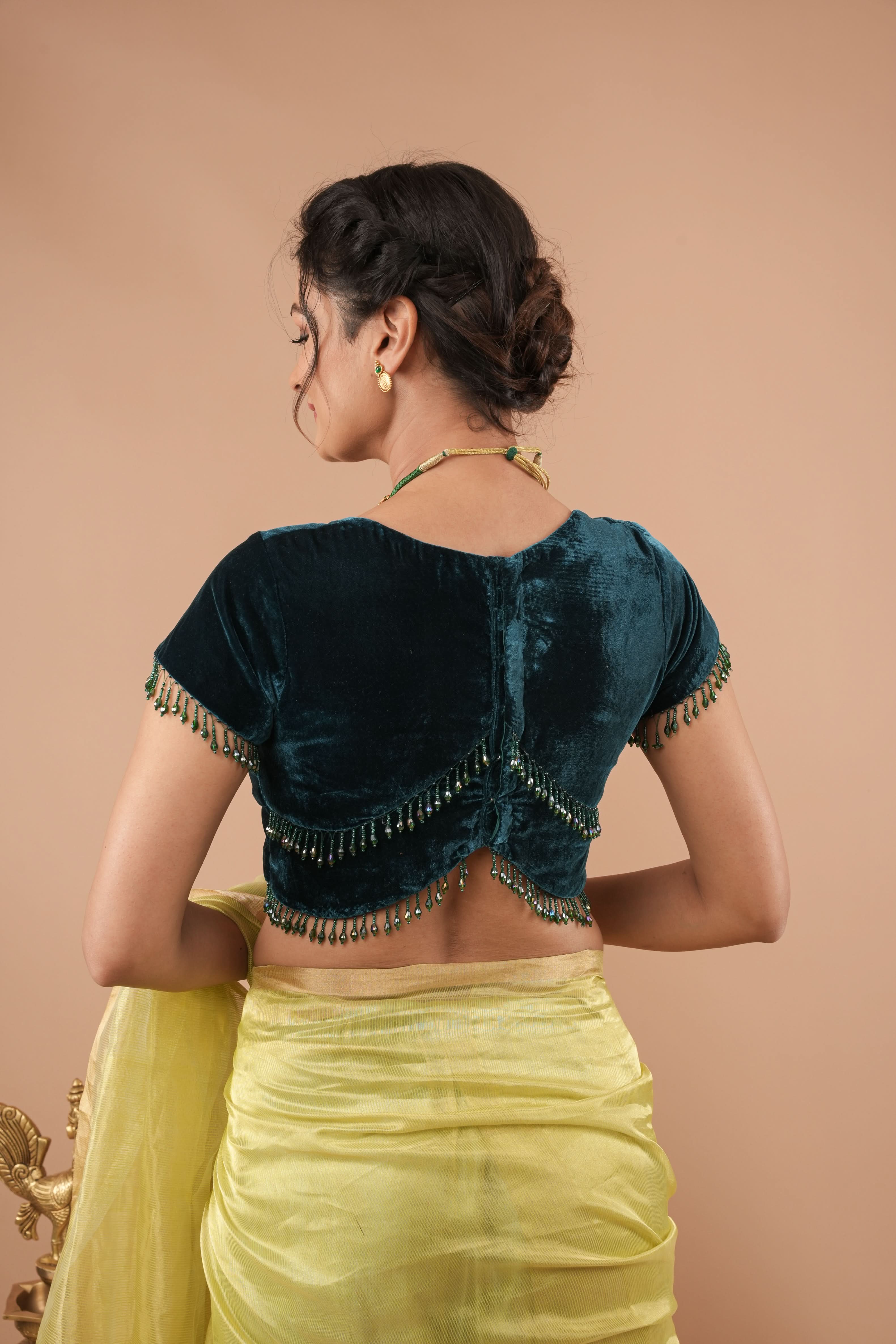 Hunter Green Velvet Blouse With Beads Detailing, Made to Order | Shobitam