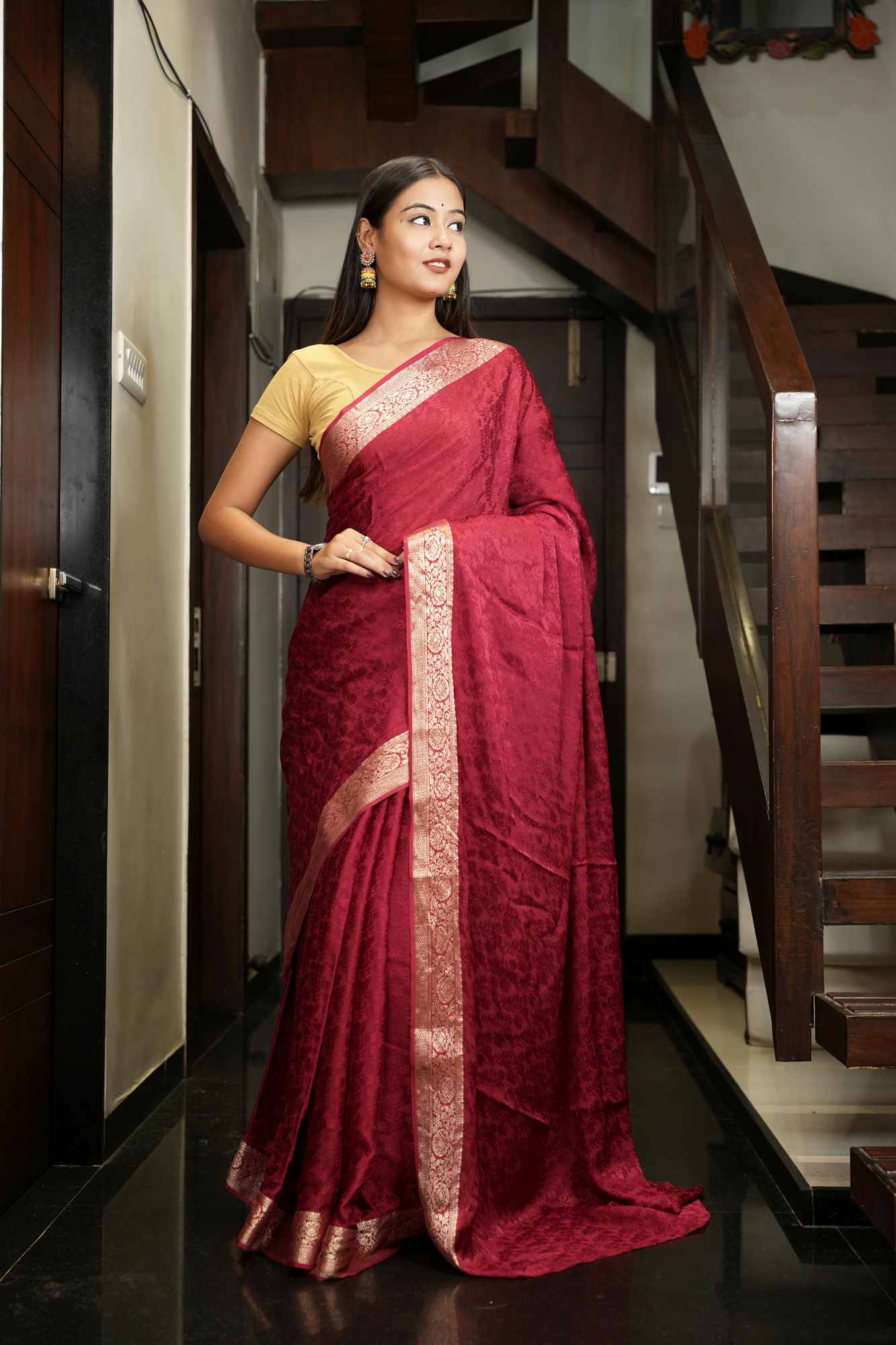 Viscose Soft Chinon Weaving Pattern Ready To Wear Saree