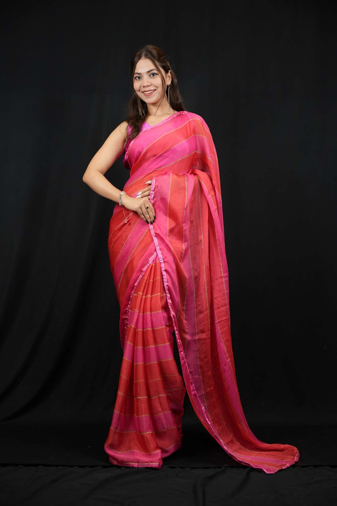 Chiffon Satin Silk With Multi Tone Allover Stone Ready To Wear Saree