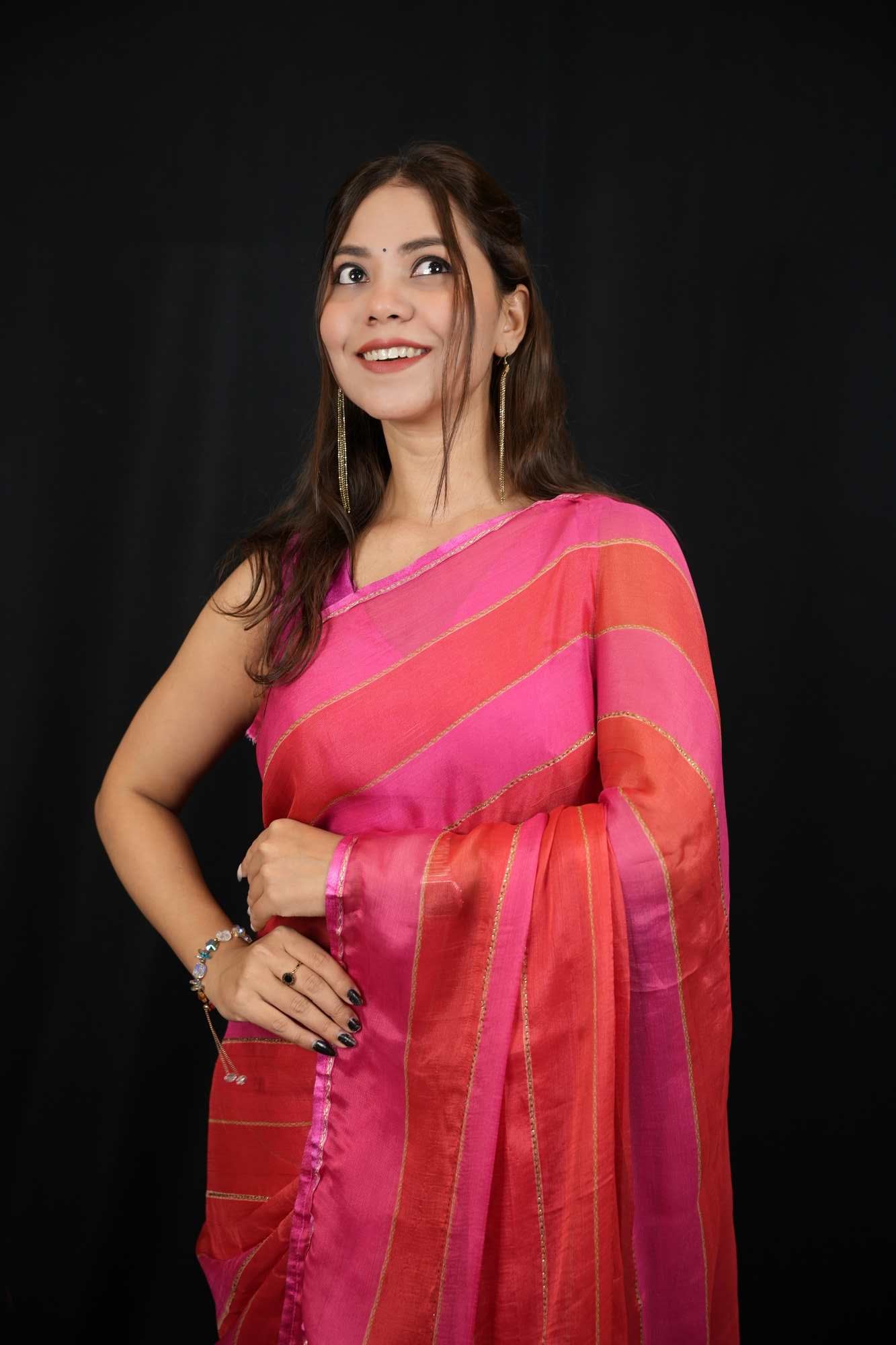 Chiffon Satin Silk With Multi Tone Allover Stone Ready To Wear Saree