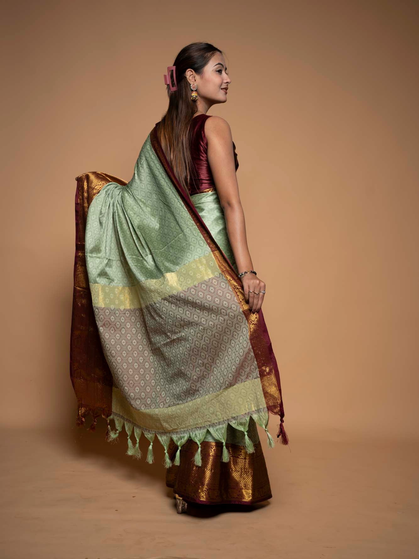 Graceful Mint Green Silk with Rich Zari Border Ready To Wear Saree