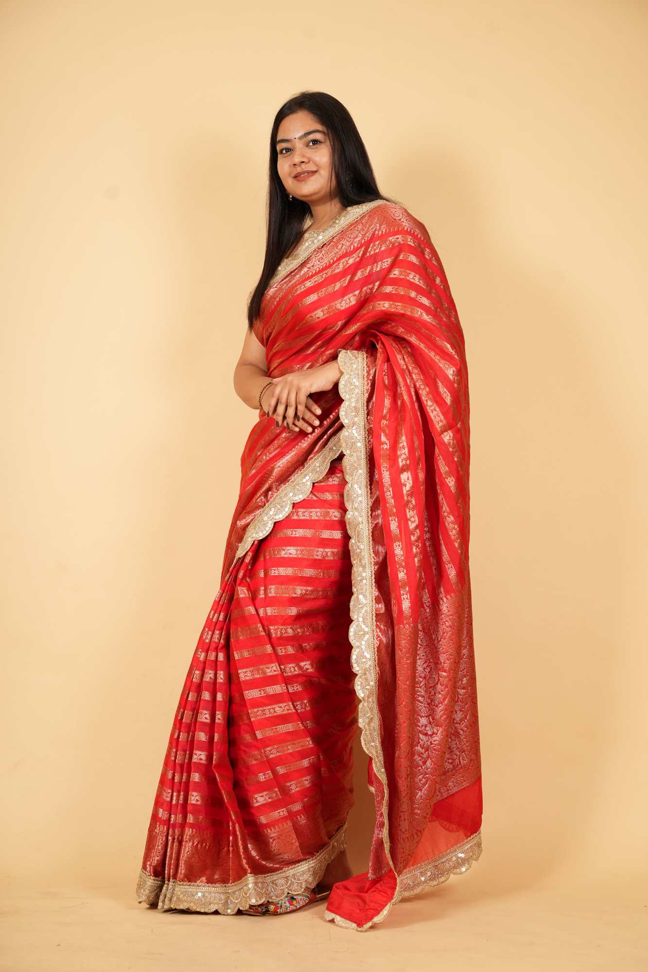 Regal Red Banarasi-Inspired Soft Warm Silk Ready To Wear Saree