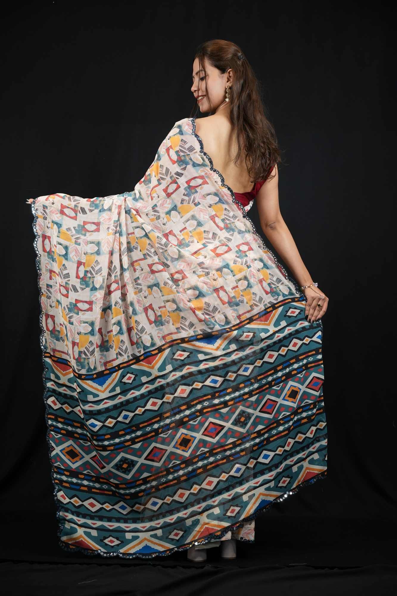 Digital Print Georgette Saree with Multicolor Geometric Motifs and Scalloped Border Ready To Wear Saree