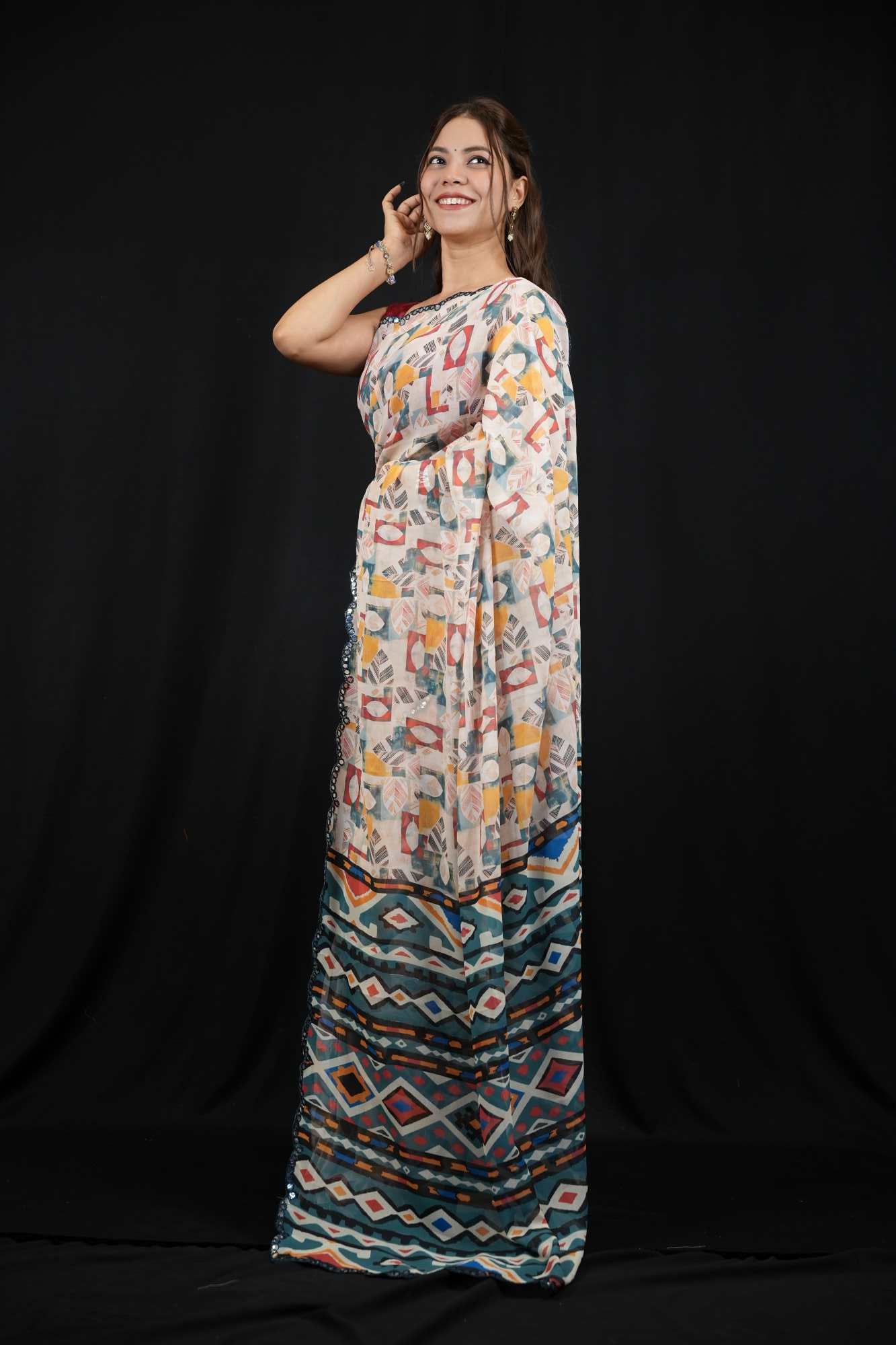 Digital Print Georgette Saree with Multicolor Geometric Motifs and Scalloped Border Ready To Wear Saree