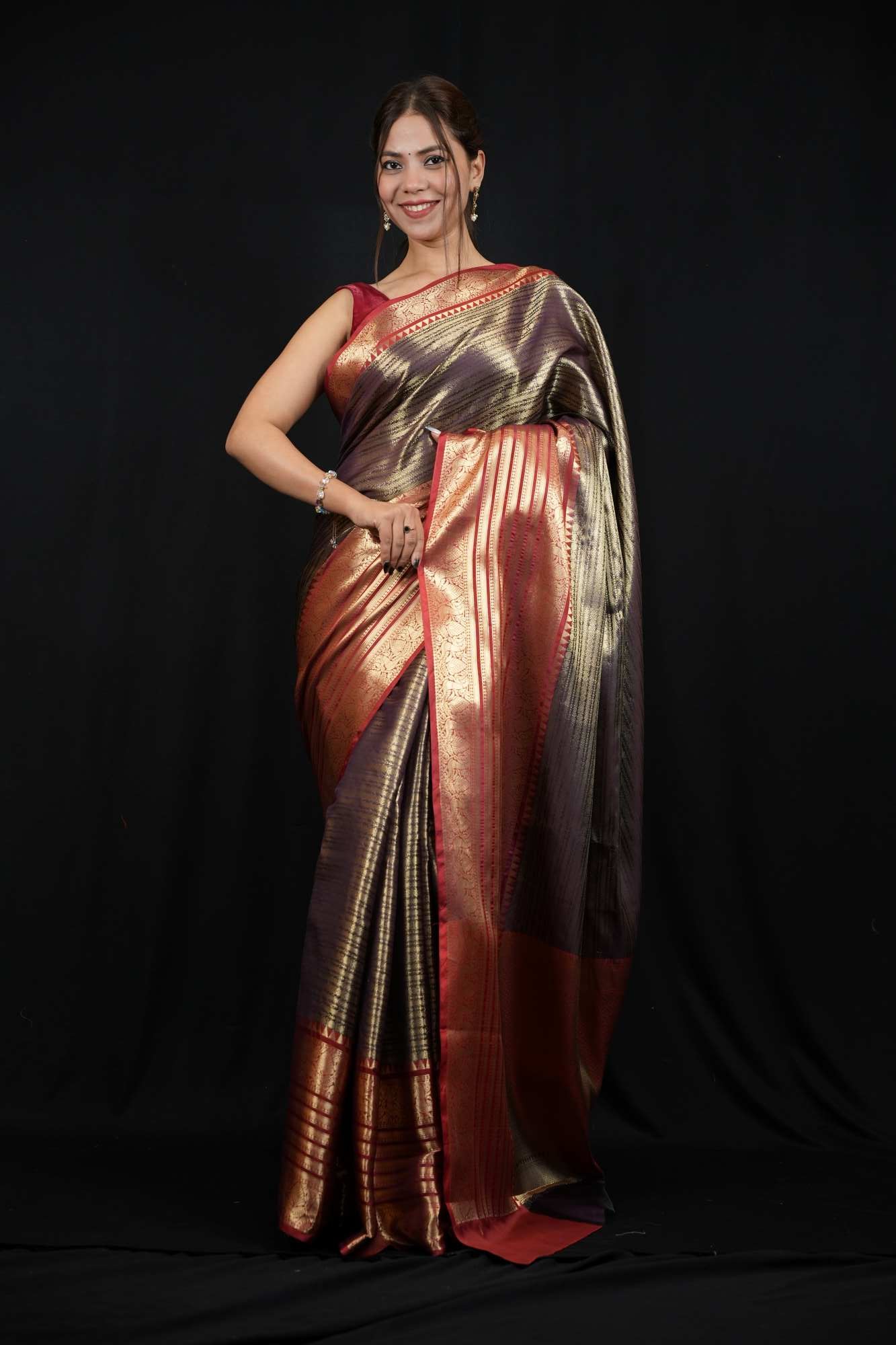 Bollywood Kanjivaram weaving pattern 12-14” inch border prestitched ready to wear saree