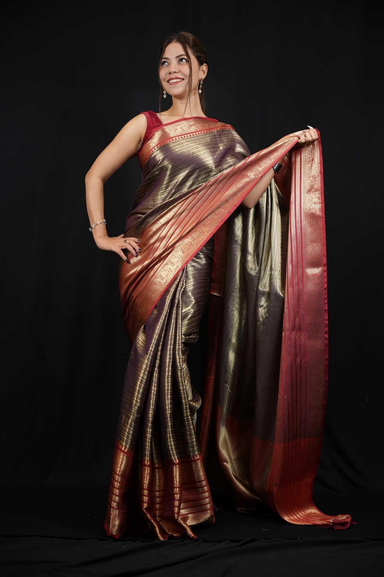 Bollywood Kanjivaram weaving pattern 12-14” inch border prestitched ready to wear saree