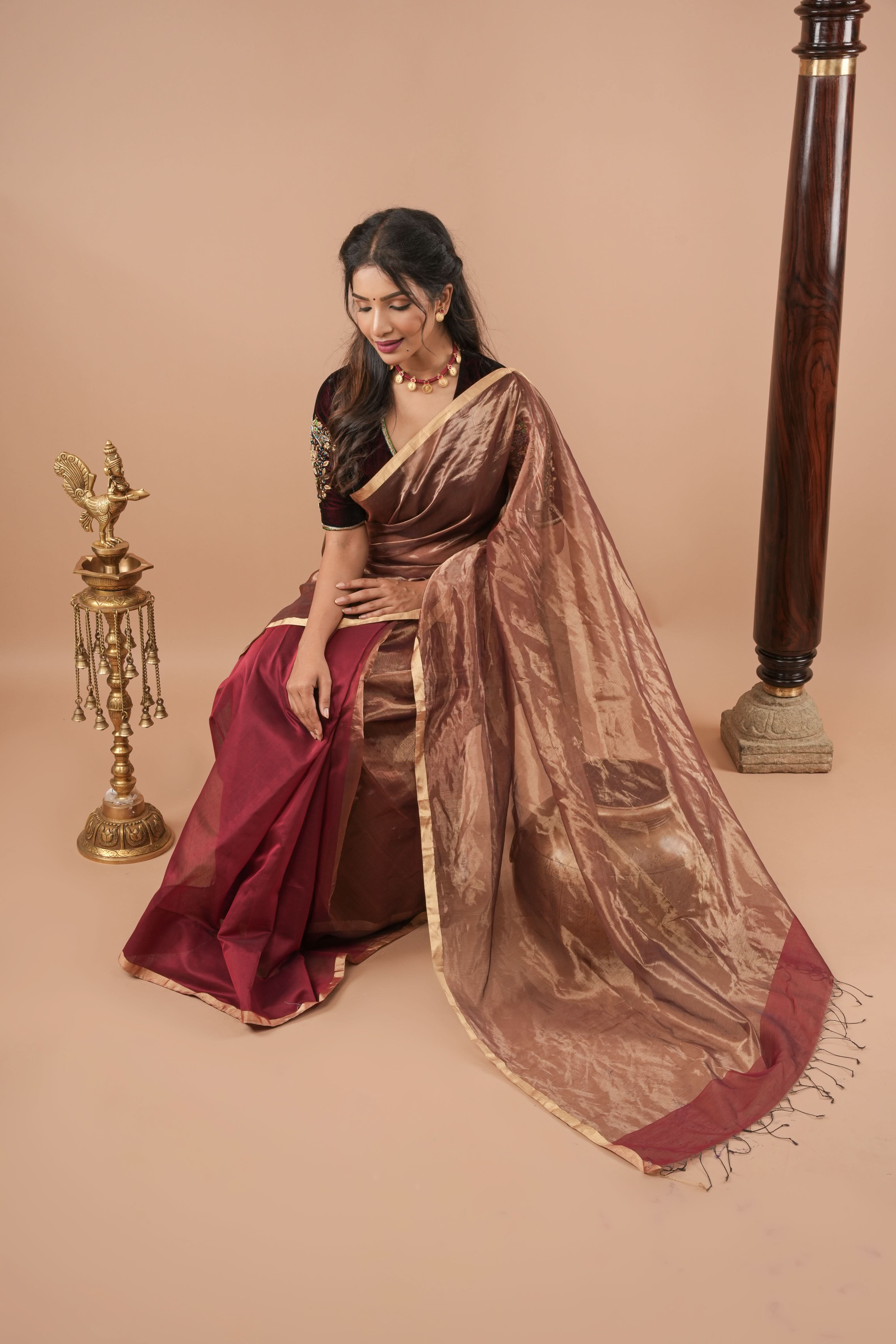 Exquisite Half and Half Maroon and Zari Tissue Maheshwari Silk Cotton Saree | Shobitam