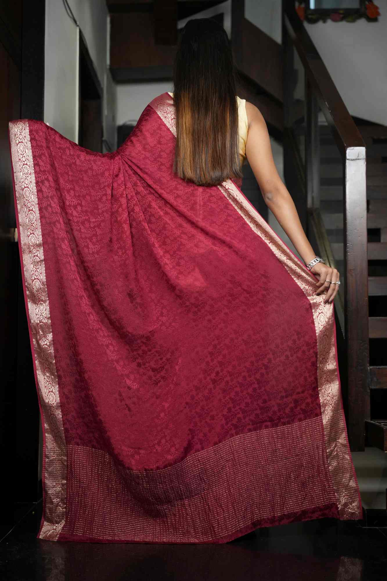 Viscose Soft Chinon Weaving Pattern Ready To Wear Saree